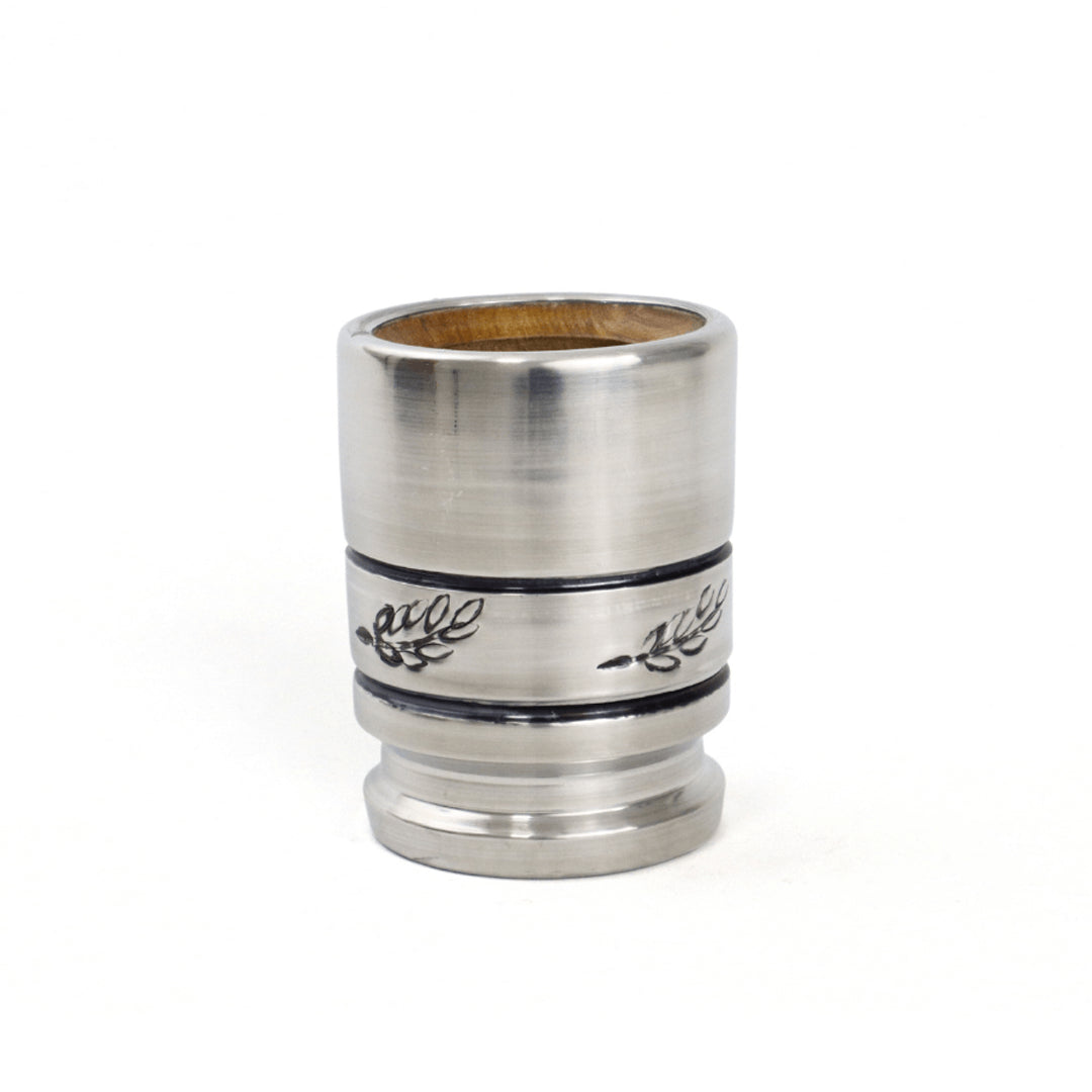 Side view of LUV MATE Escondido mate gourd showing handcrafted aluminum exterior with hand-chiseled leaf pattern between two black rings.
