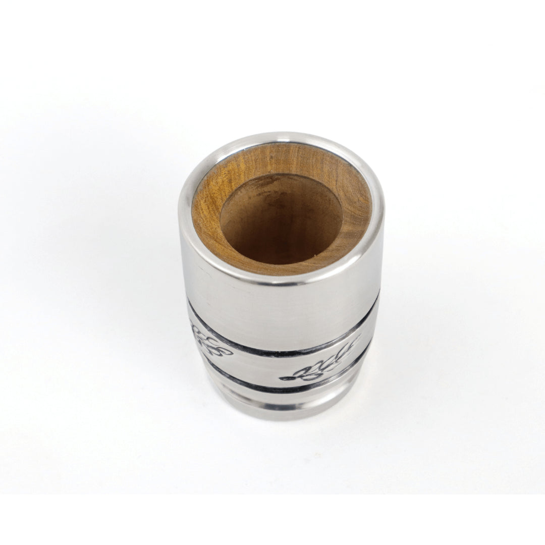 Top angle view of LUV MATE Escondido mate gourd showing its natural aromatic wood interior and polished aluminum rim.