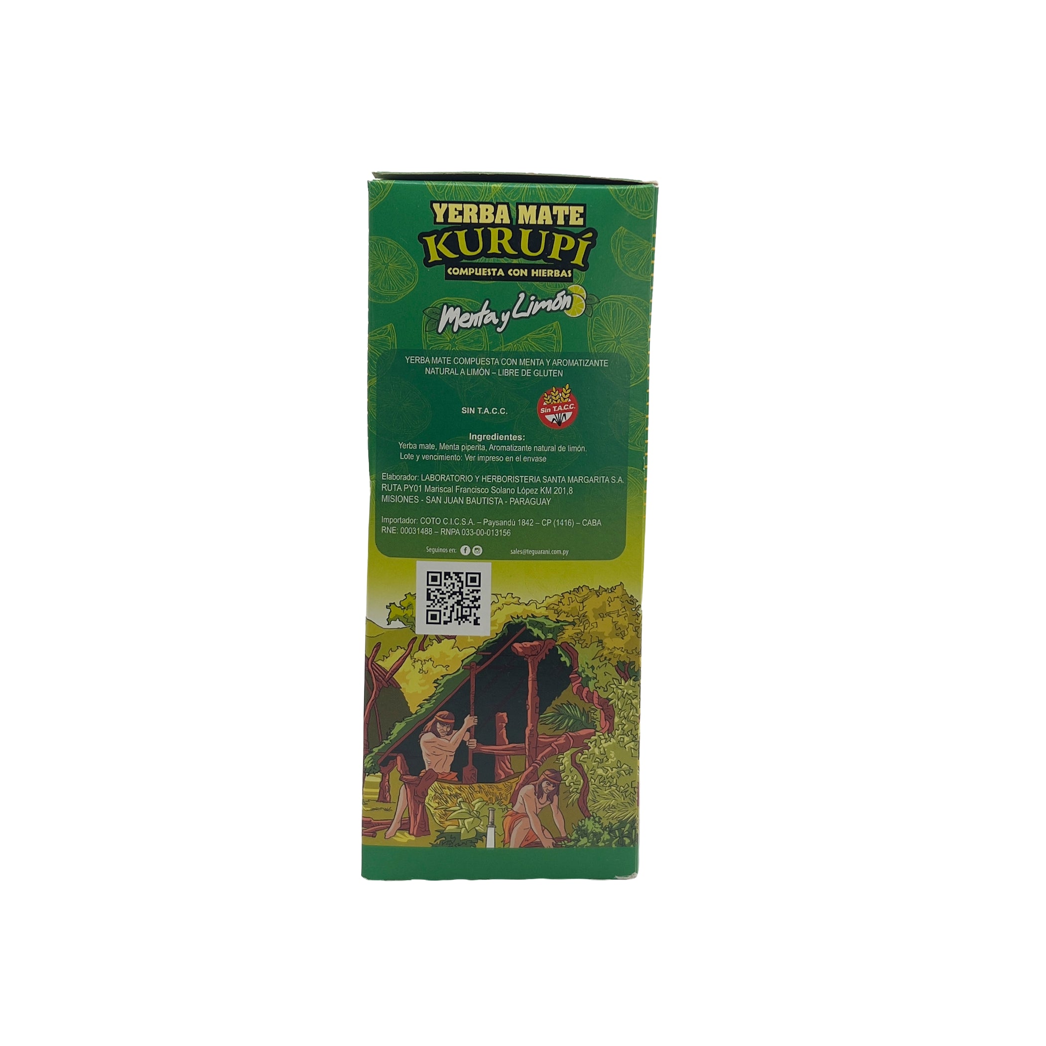 Preparation guide for the perfect Tereré and customer support details on the side of the Kurupí 500g yerba mate bag.
