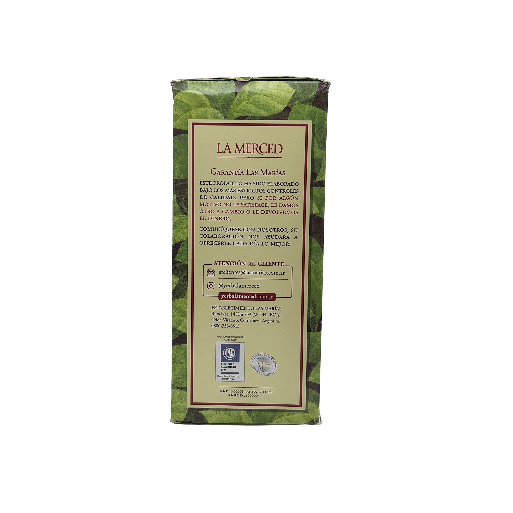 Side view showcasing the Las Marías quality guarantee and official customer support information for La Merced.