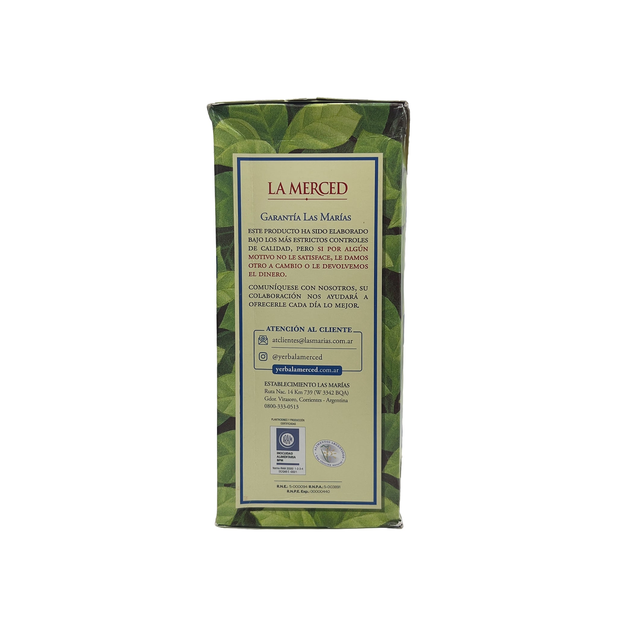 Side view showcasing the Las Marías quality guarantee and official customer support information for La Merced.