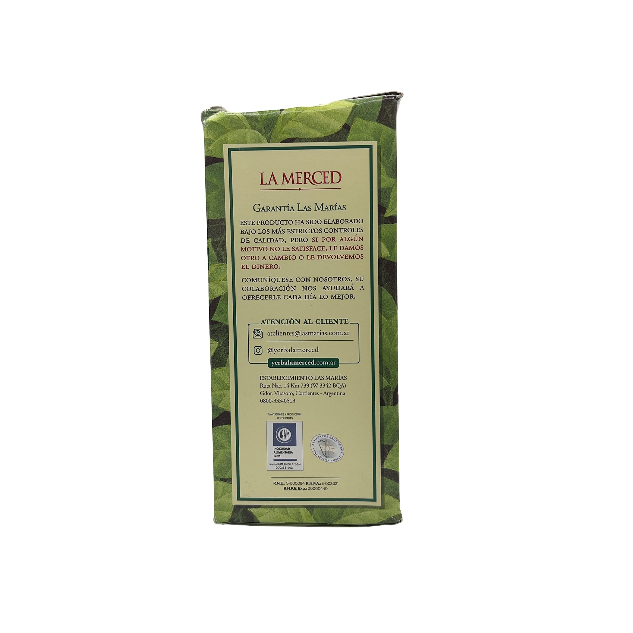 Side view showcasing the Las Marías quality guarantee and official customer support information for La Merced.