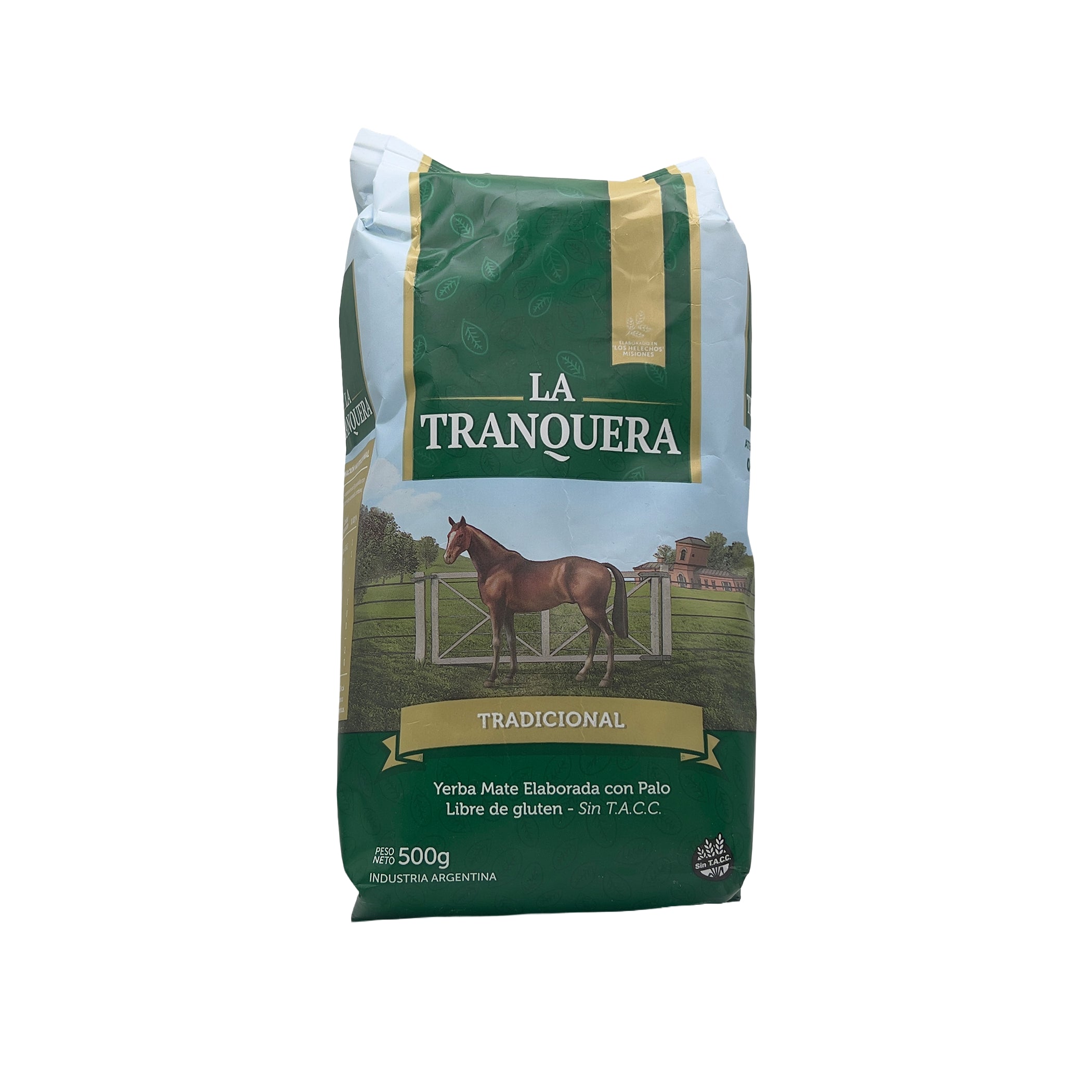 Front view of La Tranquera Traditional Yerba Mate (500g), a classic Argentine blend with palo for a bold and authentic flavor.