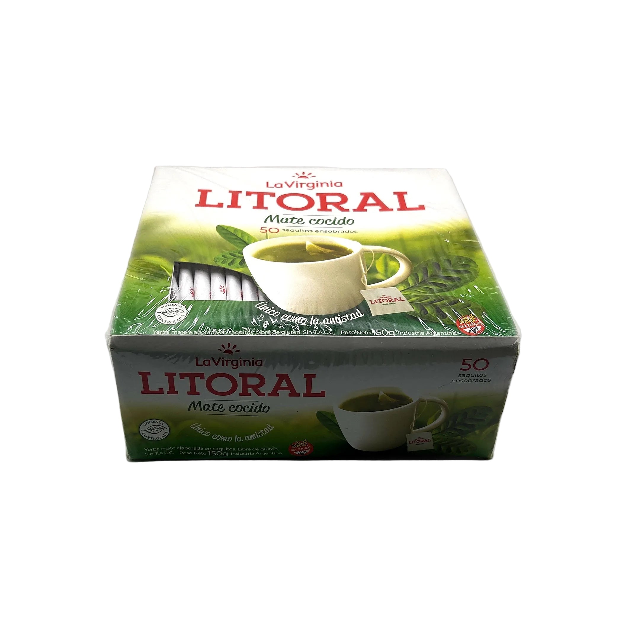 Full box of La Virginia Litoral Mate Cocido containing 50 individually wrapped tea bags for a traditional Argentine ritual.