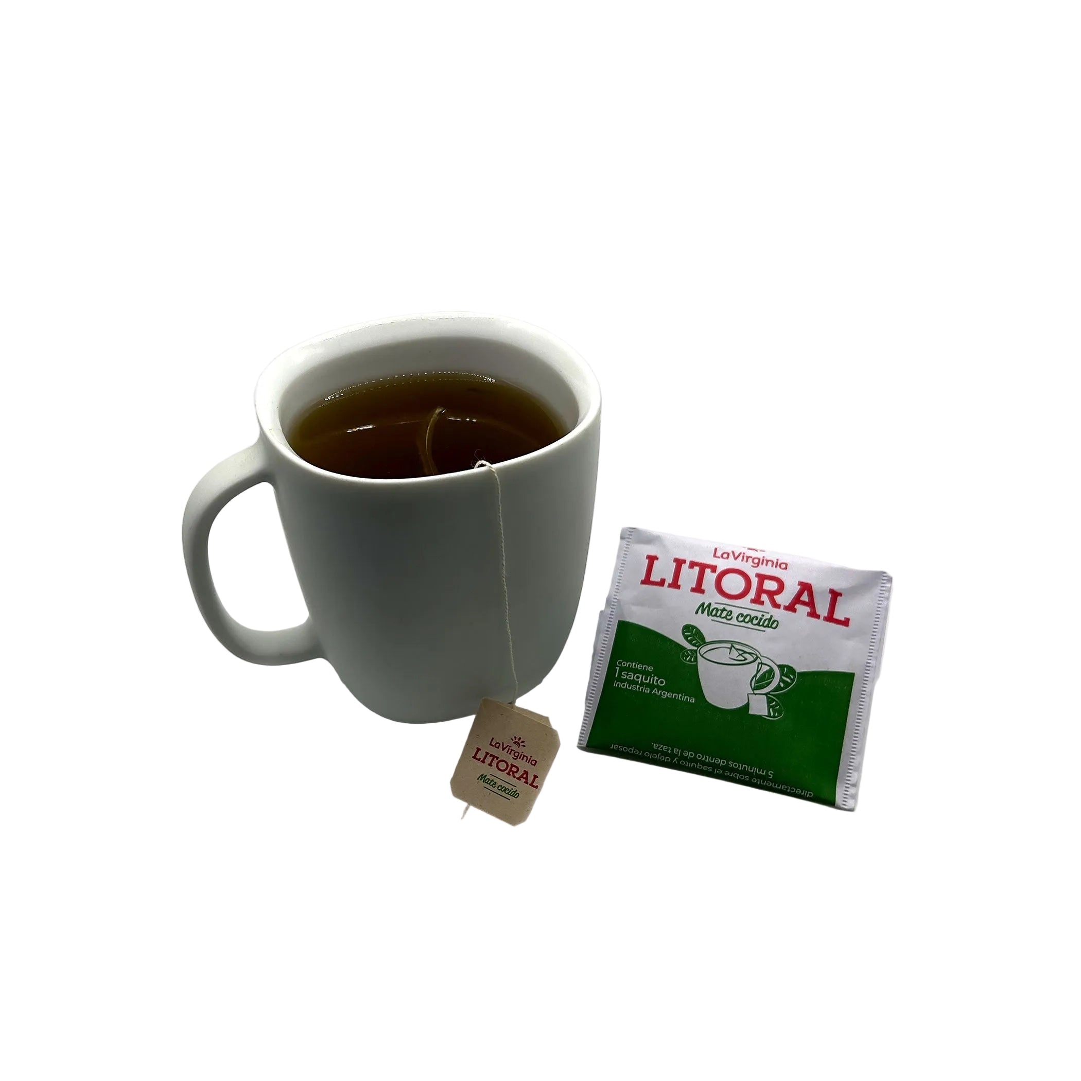 A prepared cup of warm La Virginia Litoral Mate Cocido tea next to an individually wrapped tea bag.