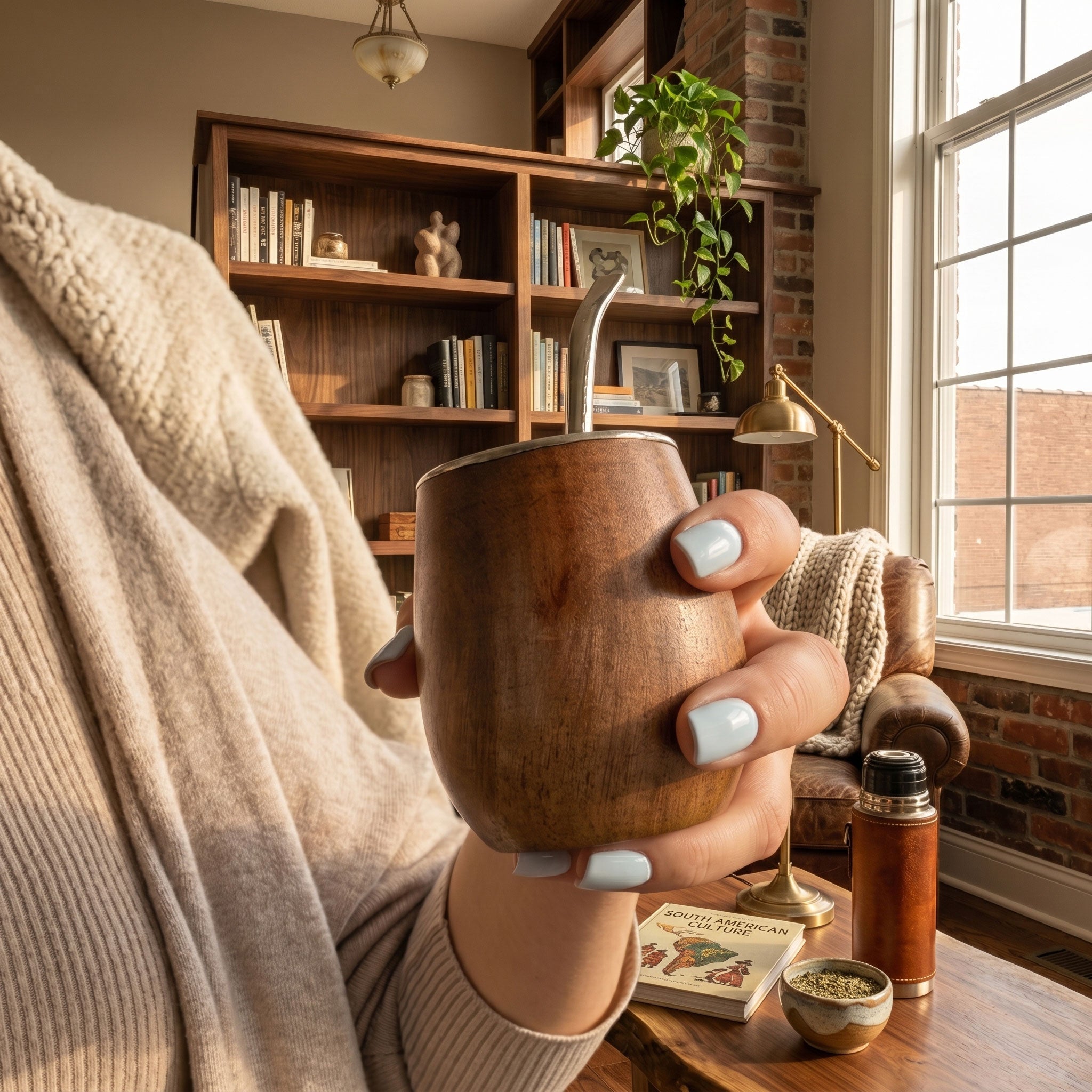A person holding the handcrafted Malambo Algarrobo wood mate gourd, demonstrating its perfect size and natural wood grain, paired with a metal bombilla in a cozy room