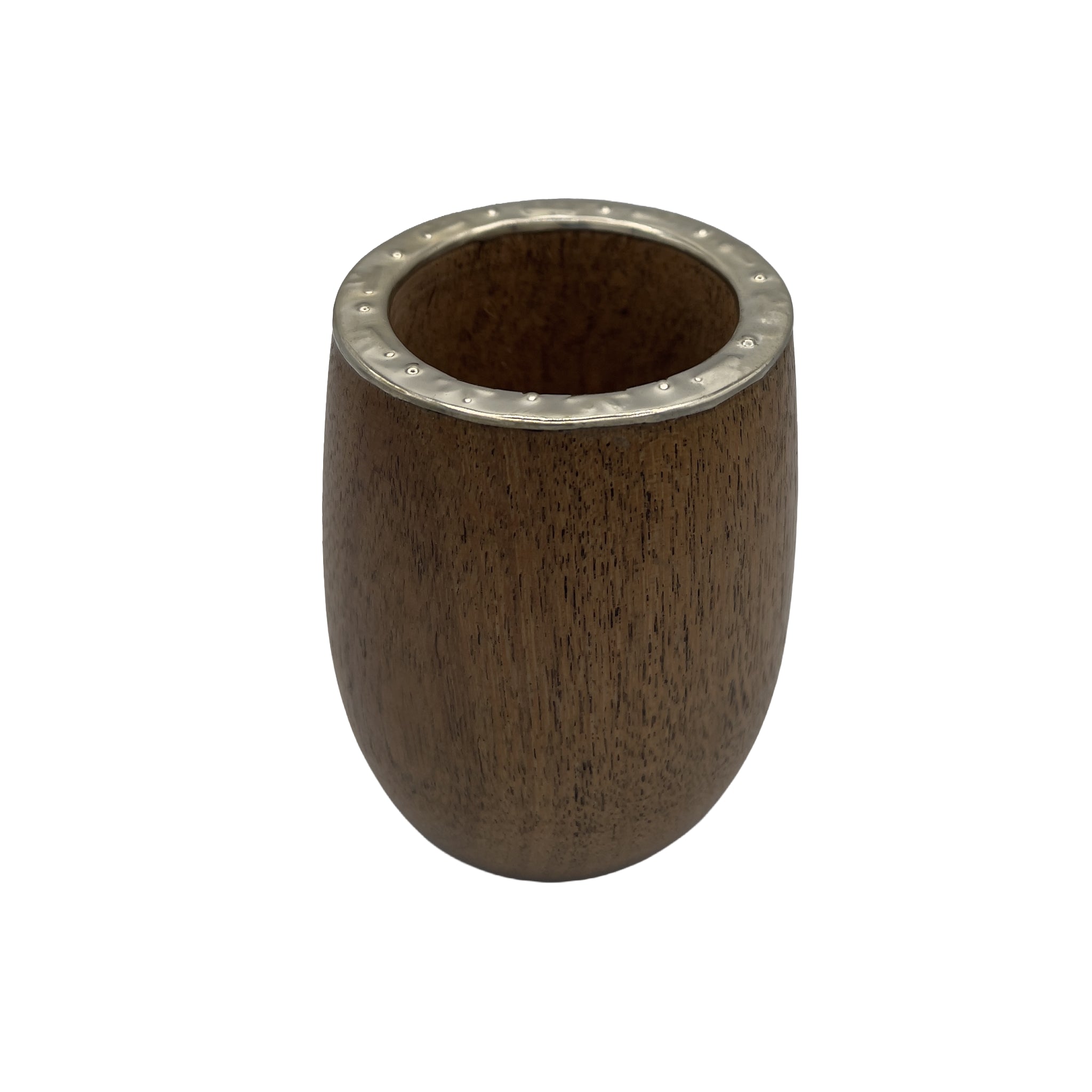 Handcrafted Malambo mate gourd made of solid Algarrobo wood with a hand-chiseled Alpaca silver rim