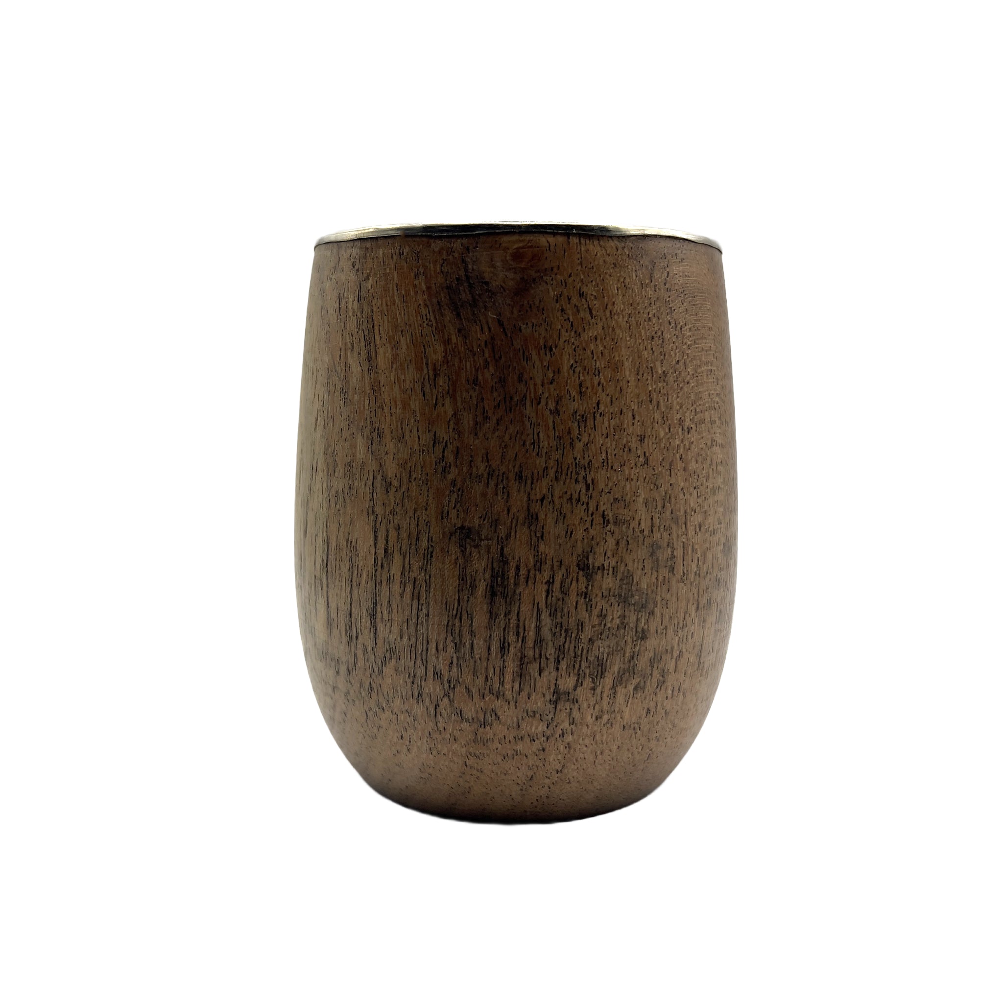 Side view of the handcrafted Malambo mate gourd made of solid Algarrobo wood, highlighting its natural grain and finish