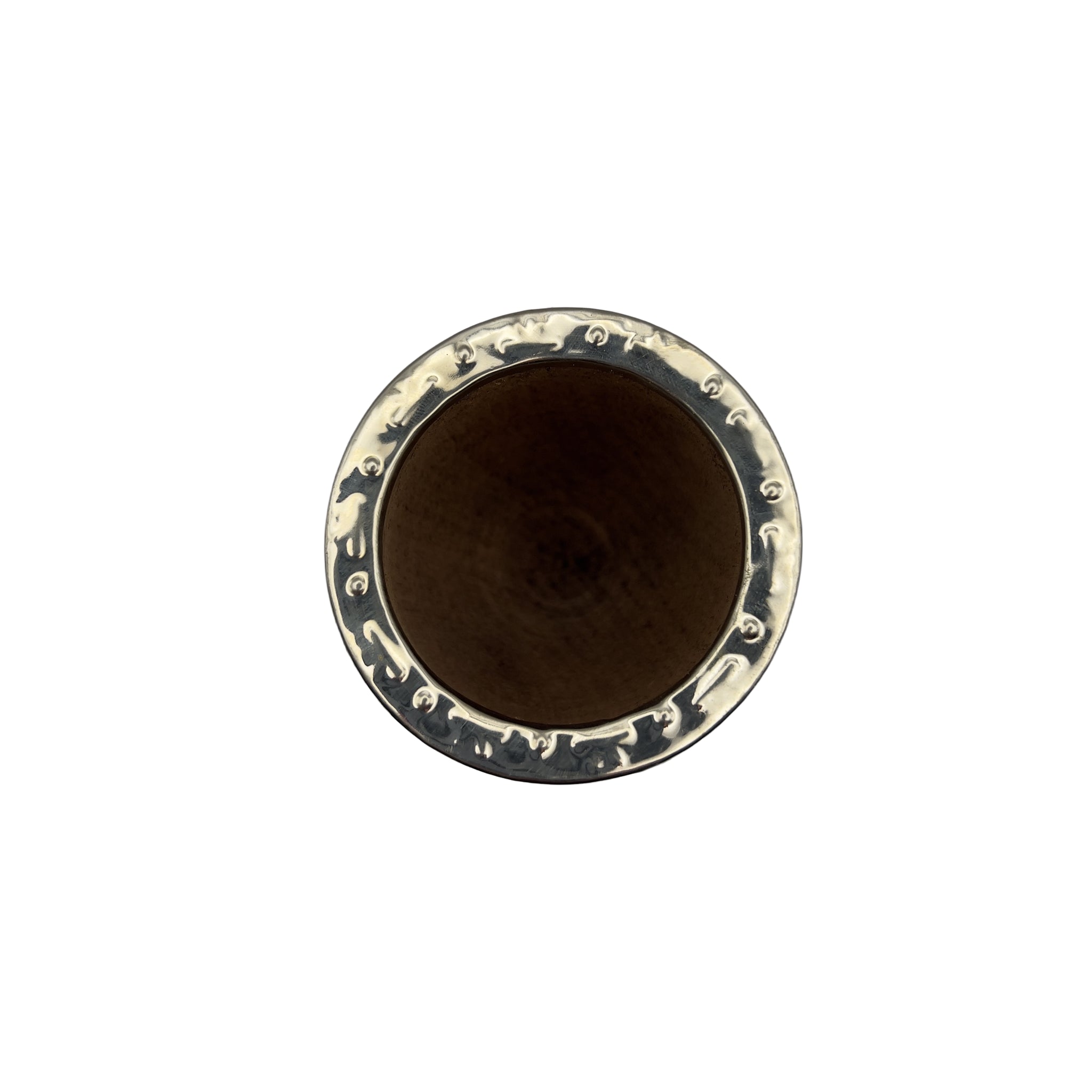 Top view of the handcrafted Malambo mate gourd showing the deep Algarrobo wood interior and chiseled Alpaca silver rim