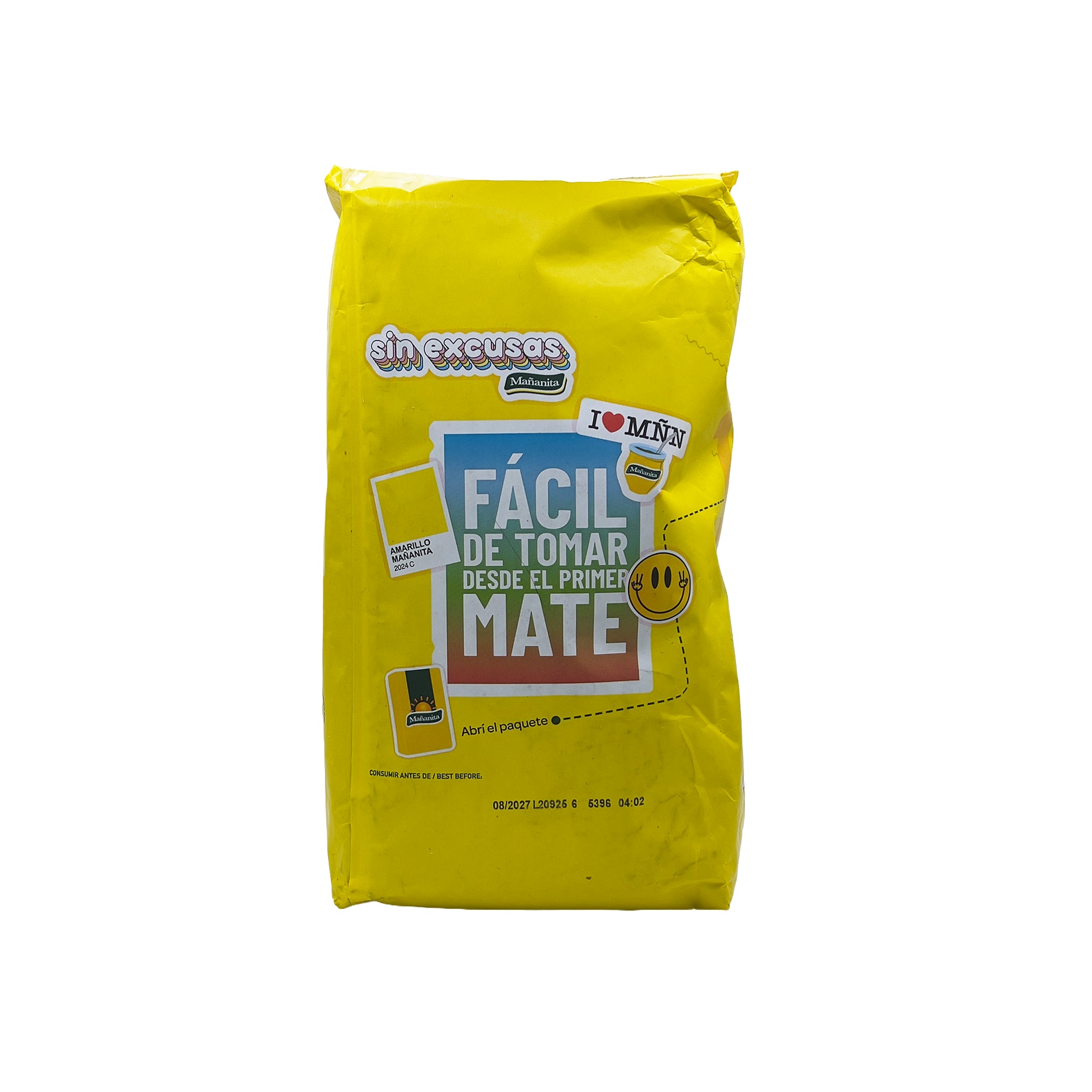 Back of Mañanita Yerba Mate bag featuring its signature "Easy to drink" slogan and traditional sun logo.