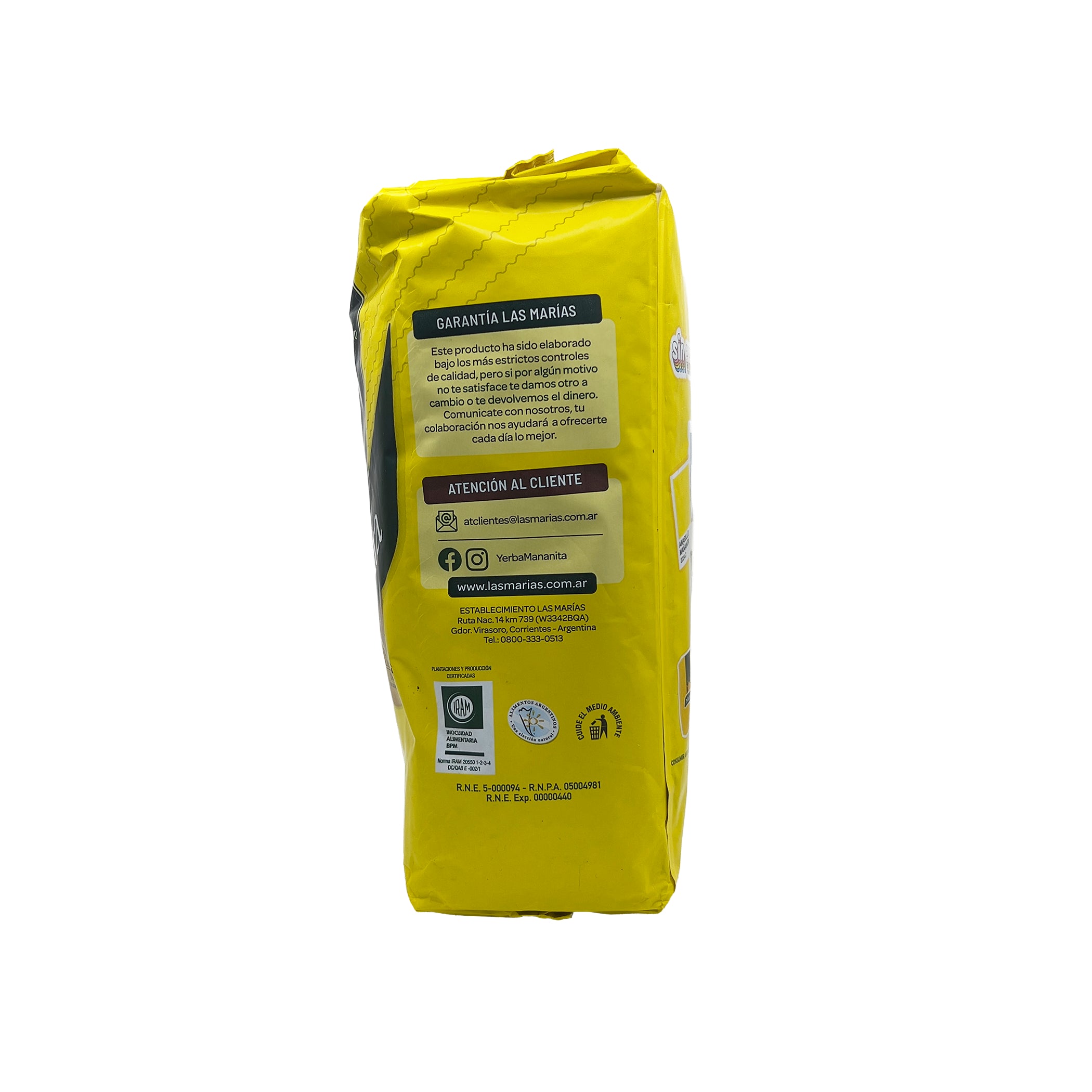 Side view of Mañanita 1kg pack showing official social media contacts and the Las Marías quality seal.