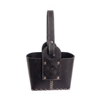 A black leather matera with a single top handle, featuring white contrast hand-stitching, silver-tone hardware, and an embossed Sun of May design, set against a white background.