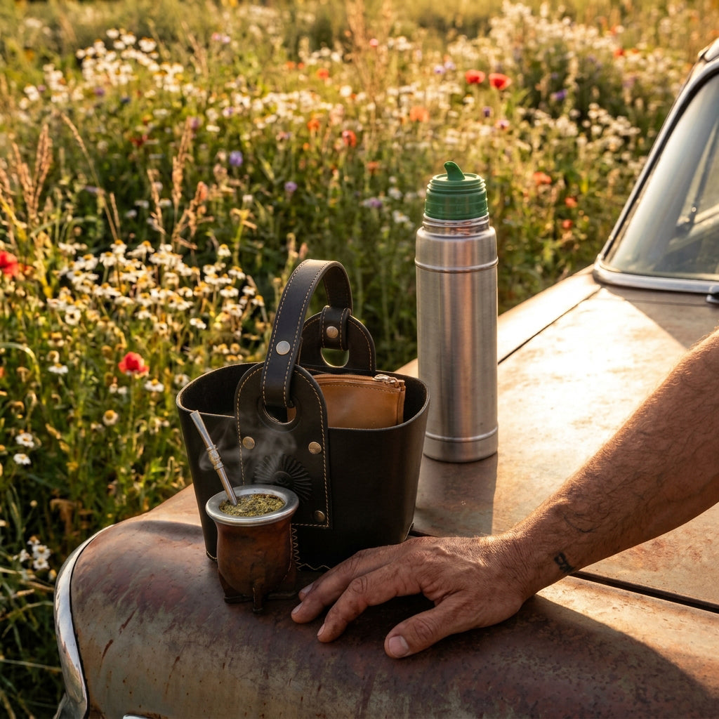 A black leather Patria Matera sitting on the rusty hood of a vintage car alongside a steaming mate gourd and a tall thermos. A man's arm rests on the car, with a beautiful field of wildflowers in the background at golden hour.