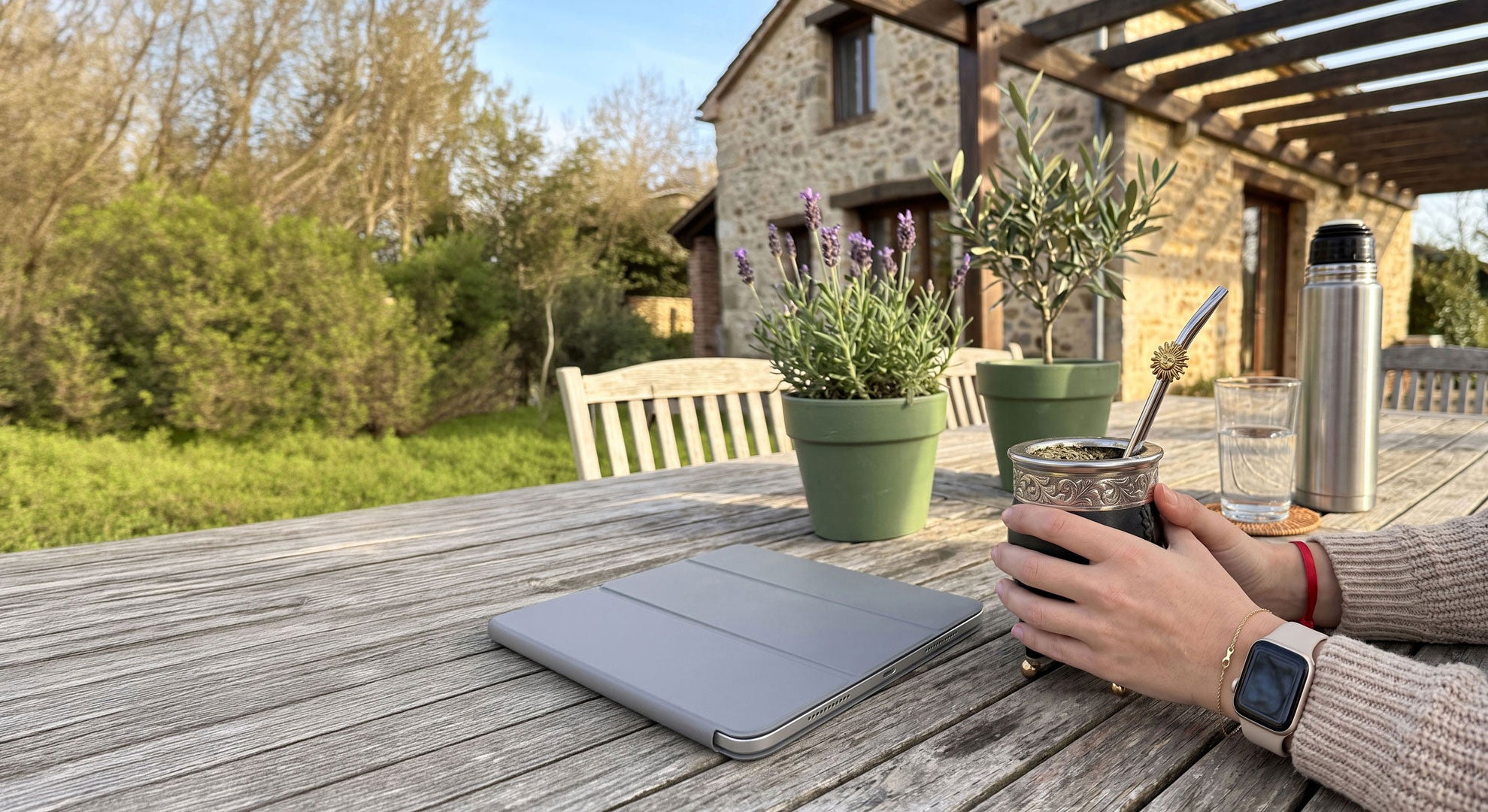A person enjoying a relaxing moment outdoors, holding a traditional mate gourd with a metal bombilla, resting on a wooden table next to a thermos.