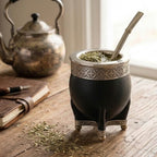 Luv Mate Media Caña Chiseled Imperial Mate Set with a genuine black leather gourd, smooth silver rim, and carved geometric folk motifs. Includes a stainless steel Limay bombilla straw, styled on a wooden table with loose yerba and a vintage kettle.