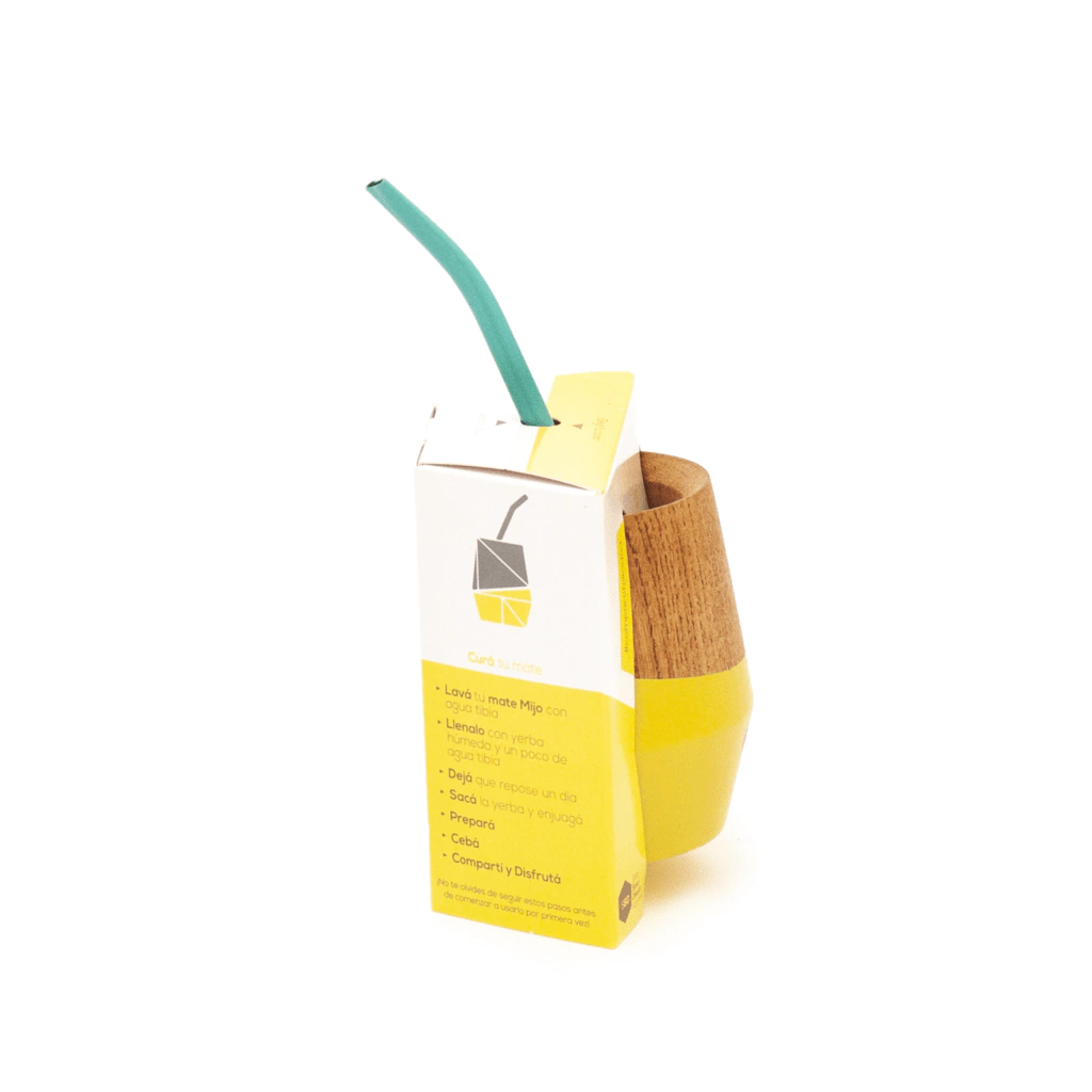 Sunshine Yellow Mijo mate cup showing the natural grain of reclaimed Calden wood and vibrant geometric base.