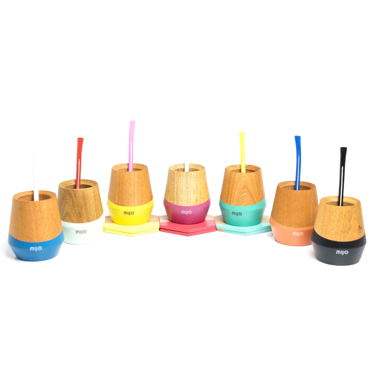 he Mijo Mate Gourd Set in Sunshine Yellow, Aquamarine, and Azalea. Modern reclaimed wood yerba mate cups with bombilla straws