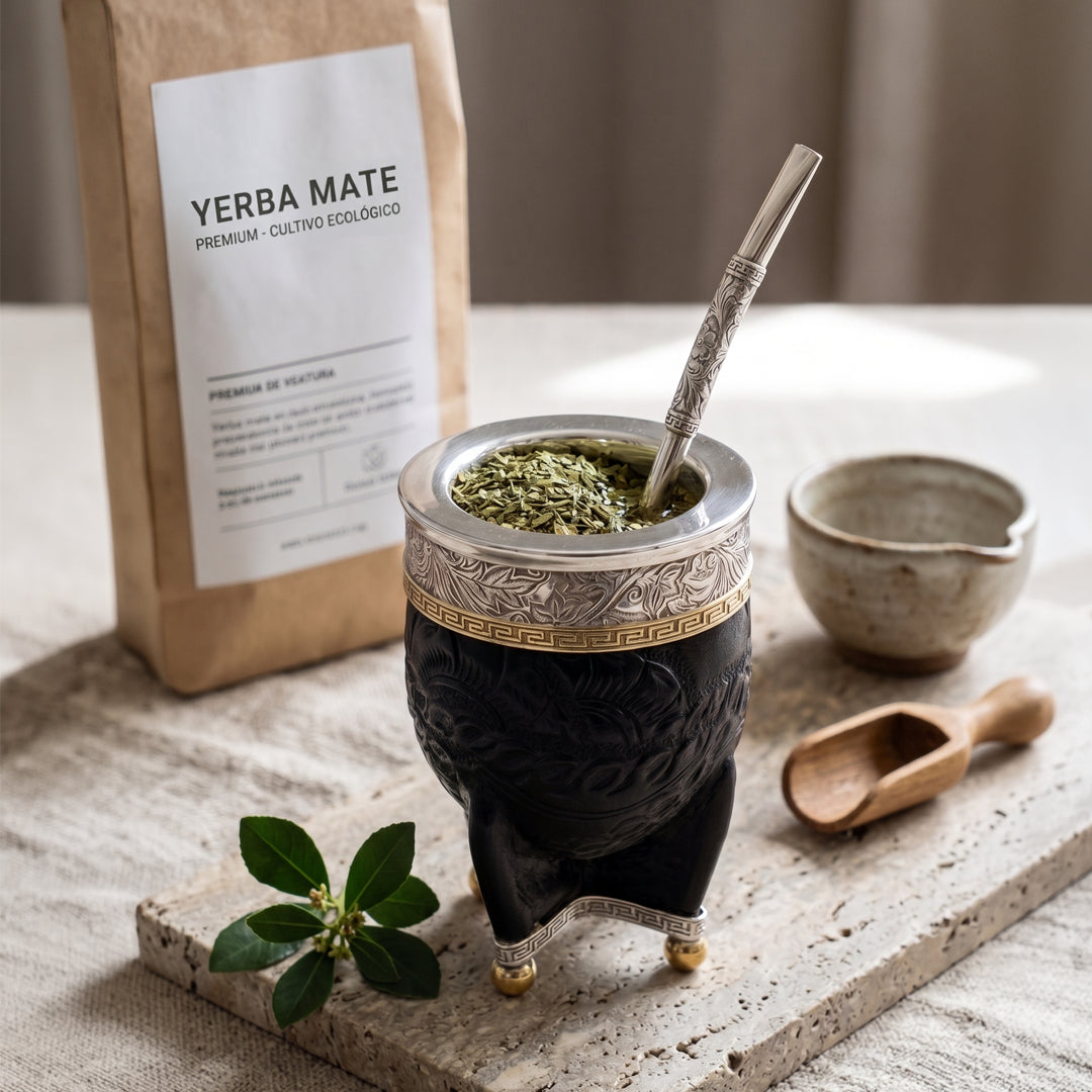 Luv Mate Minué Federal black hand-tooled leather Imperial mate cup with silver bombilla next to a kraft paper yerba mate bag.
