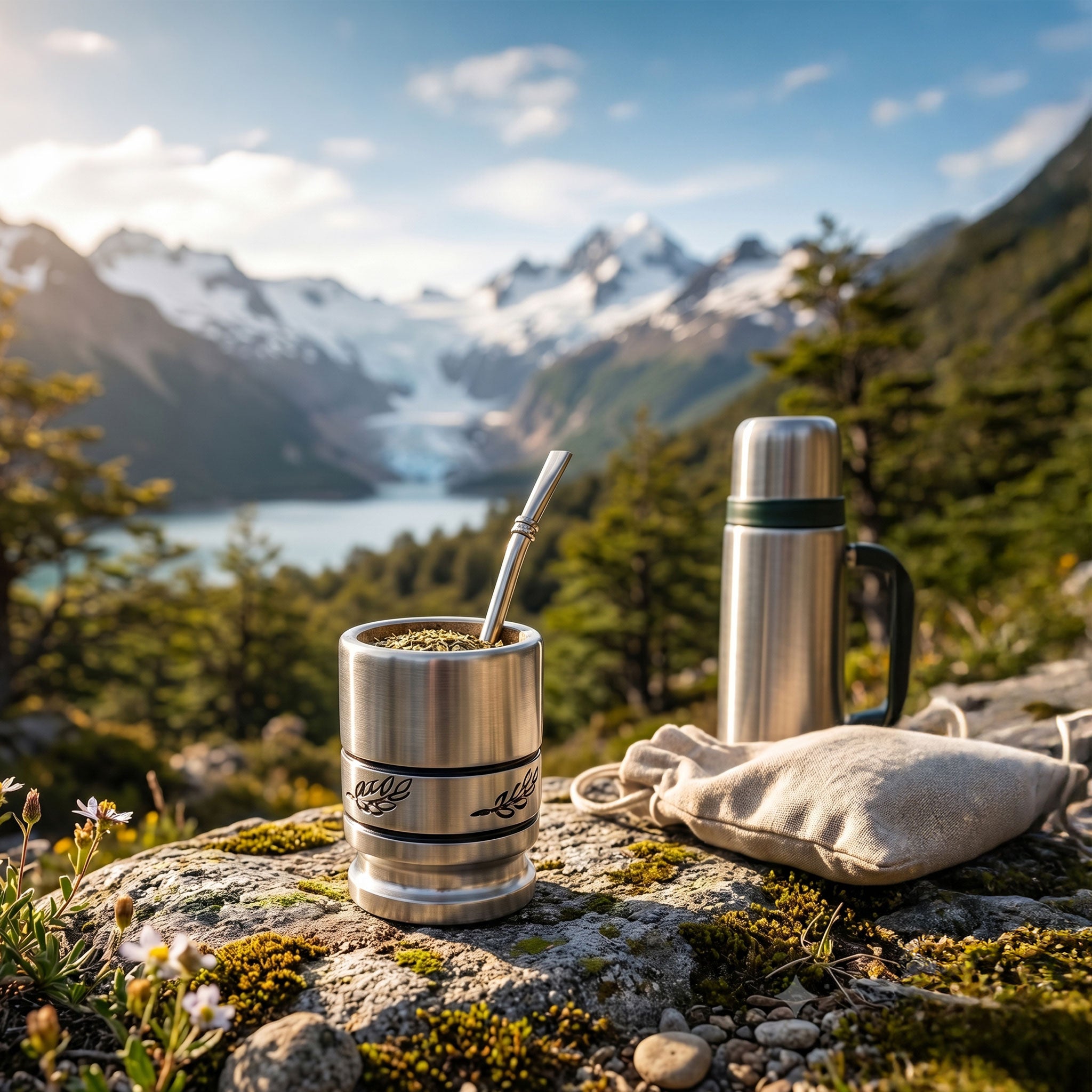 Handcrafted aluminum-wrapped carob wood yerba mate cup with a metal straw and thermos kit on a mountain overlook with a turquoise lake and snow-capped peaks in Alberta, Canada.