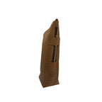 Angled top-down view. An open Adobe Brown handcrafted leather yerbera bag lying flat against a white background. The main zipper is open, showing the black lining. A metal bombilla is held in the integrated side leather strap for display purposes only (bombilla sold separately).