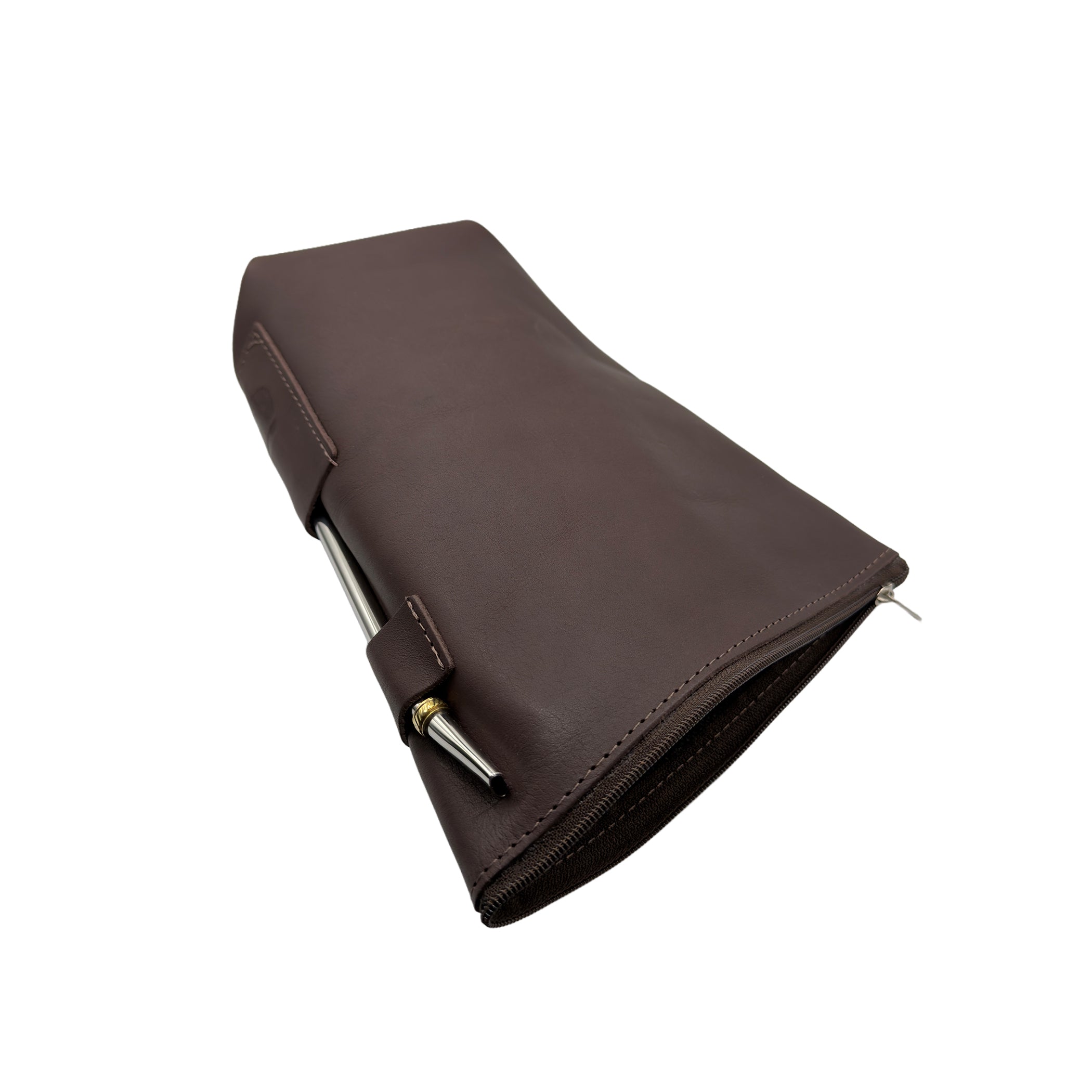 Angled flat lay view of the handcrafted leather yerbera. The rich brown bag rests on its side with the top zipper partially open, revealing the dark interior storage space for yerba mate. The integrated leather loop holds a metal bombilla, shown for display purposes only (bombilla sold separately)