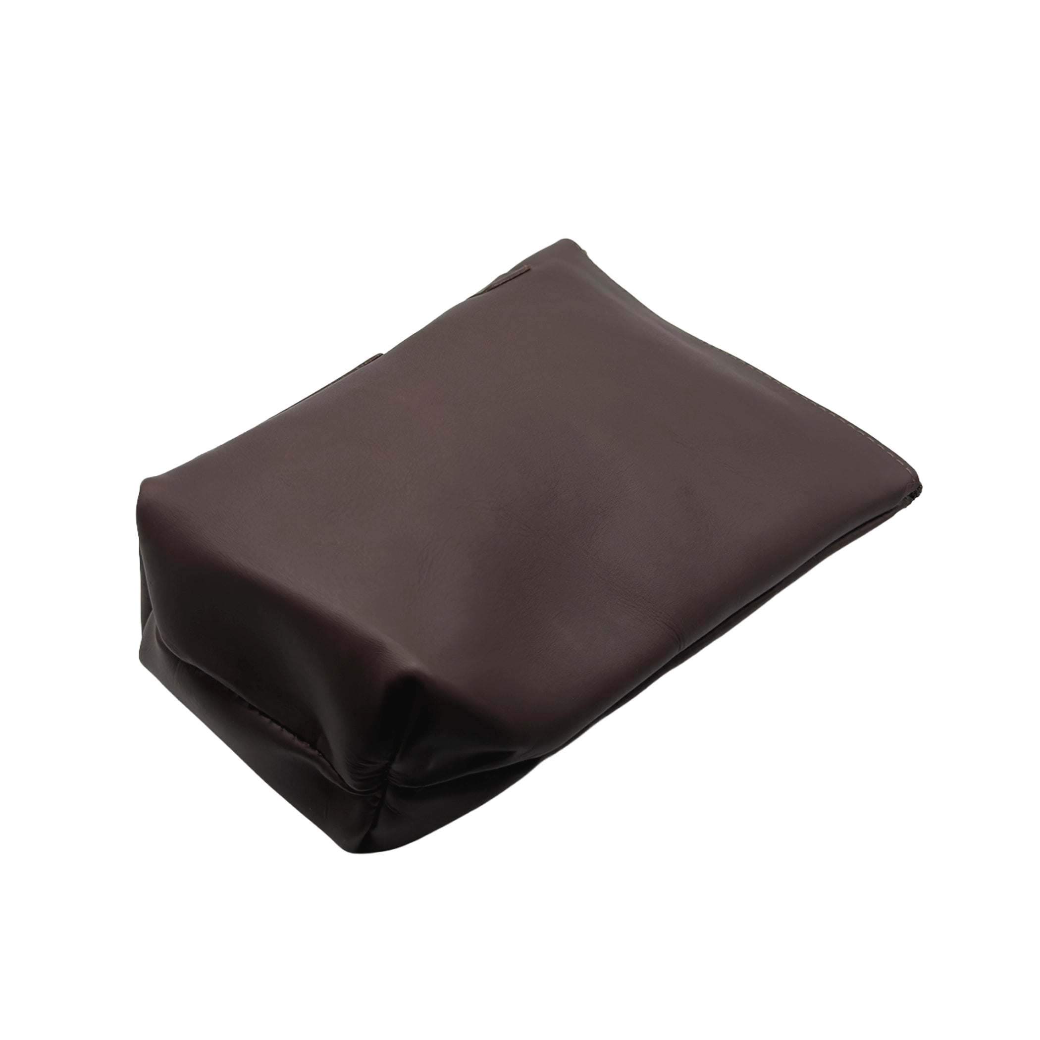 Bottom and back view of the handcrafted leather yerbera. The closed, rich brown bag is lying flat, showcasing the smooth premium leather texture and the sturdy stitched base construction.