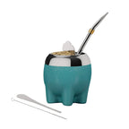 Patón Mate Starter Kit featuring a teal gourd with a glitter finish, a stainless steel rim, a curved bombilla with gold detail, and a cleaning brush.