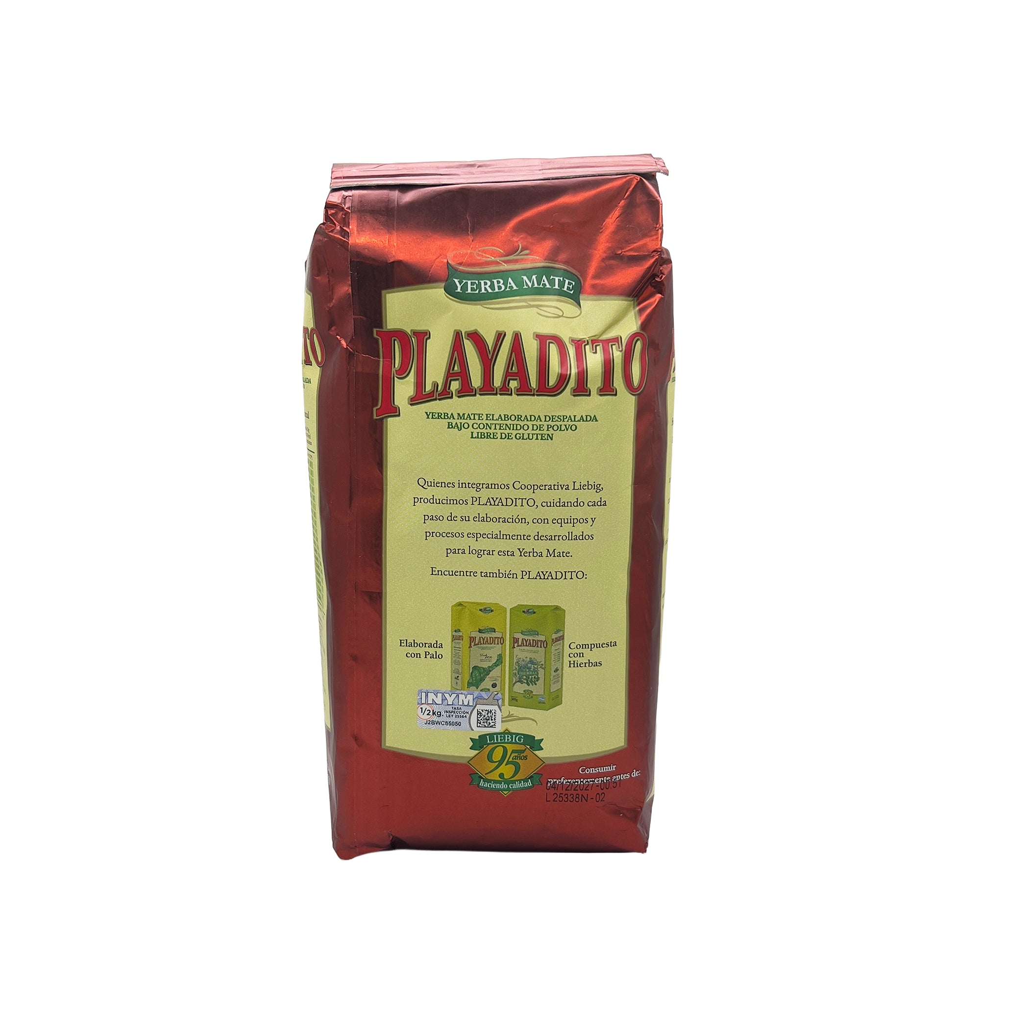 Back of Playadito Despalada red packaging highlighting the Cooperative Liebig's tradition and the pure leaf quality selection.