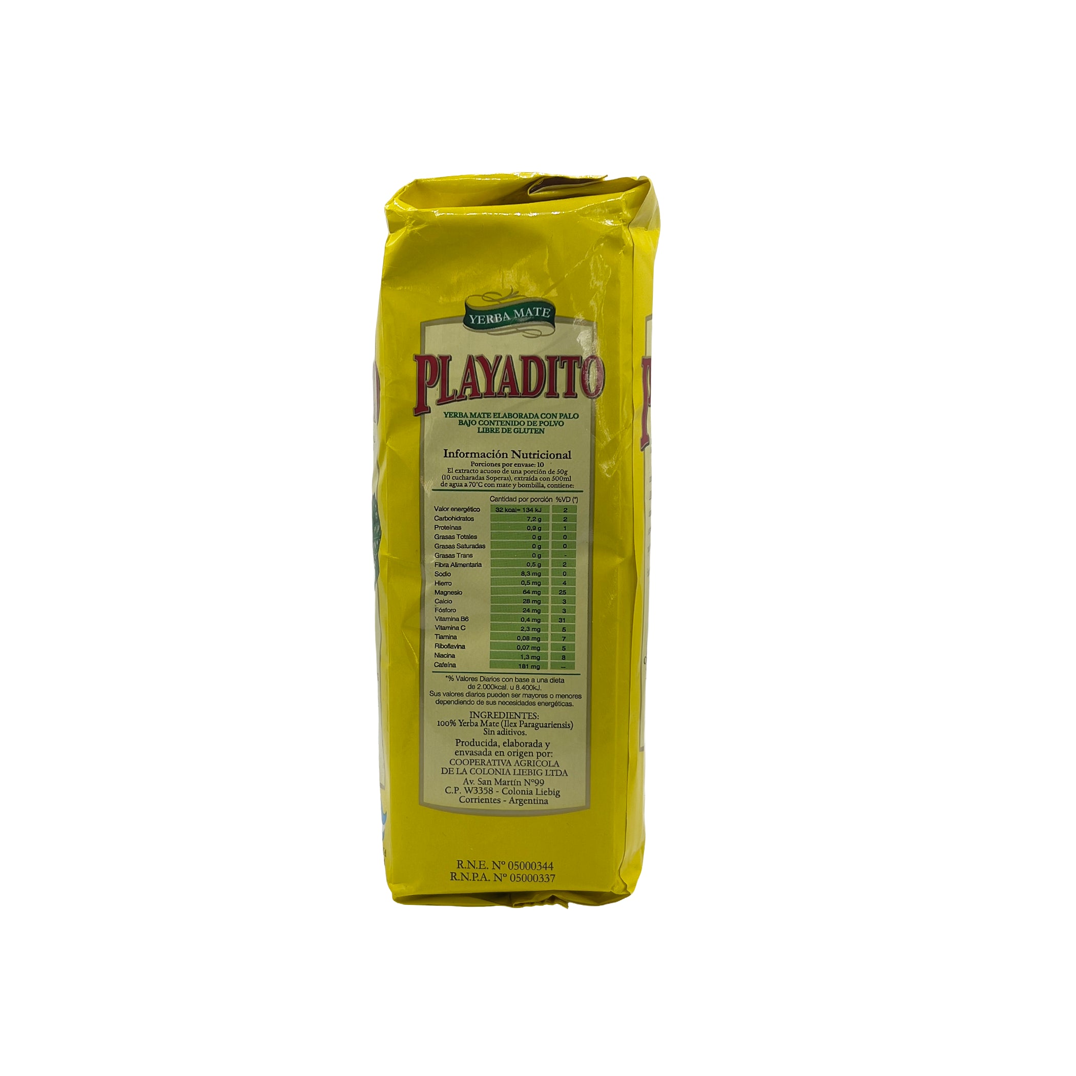 A 500g bag of Playadito Traditional Yerba Mate (con palo, naturally aged), displaying its back and side panels with Spanish 'Información Nutricional', ingredients, and cooperative producer details against a clean white background.
