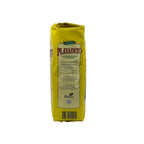A 500g yellow paper bag of Playadito Traditional Yerba Mate, standing upright against a clean white background. This view of the bag's back and side panels displays the specific information, including Customer Service.