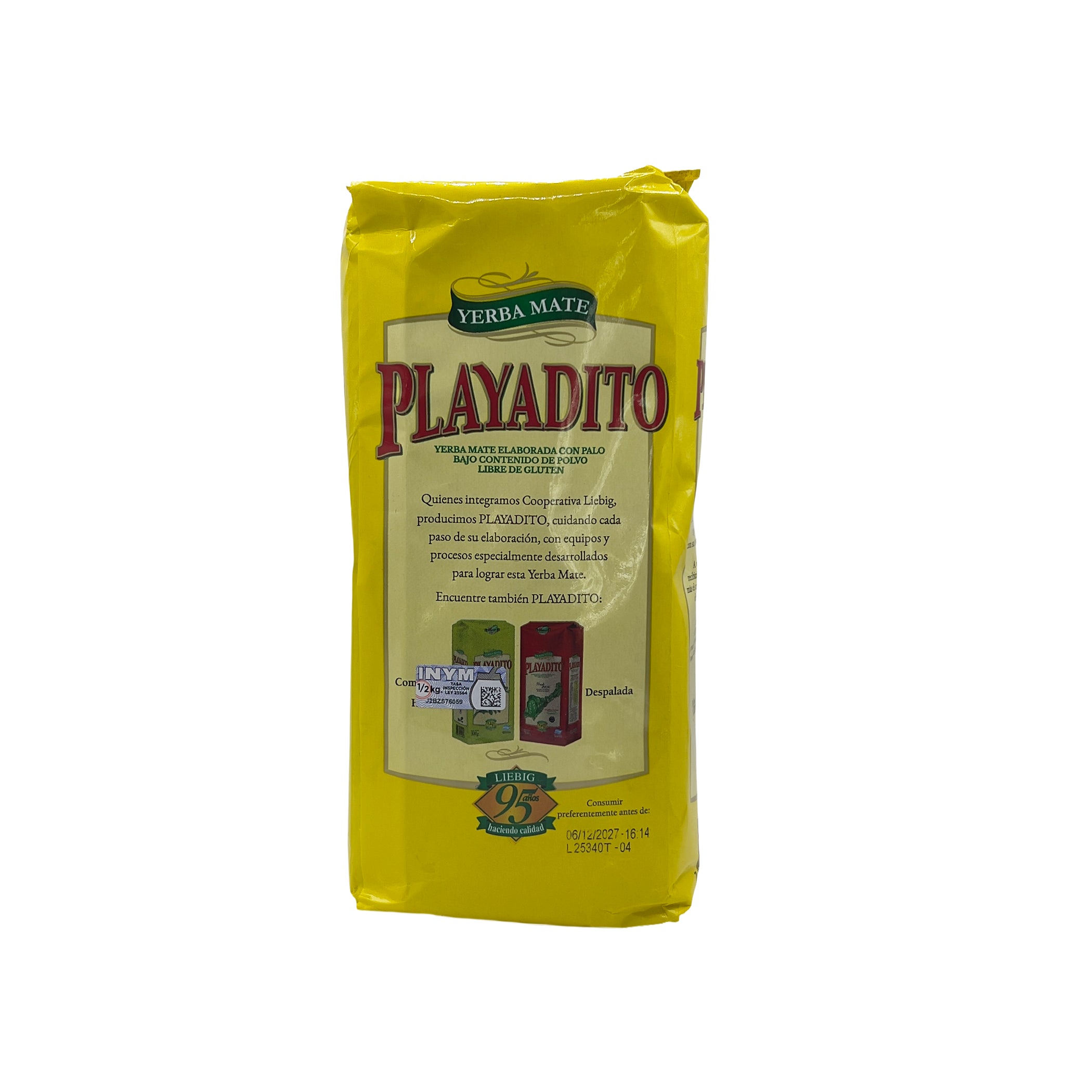 Back of Playadito Traditional pack highlighting the Cooperative Liebig heritage and the quality of its selected yerba mate leaves.