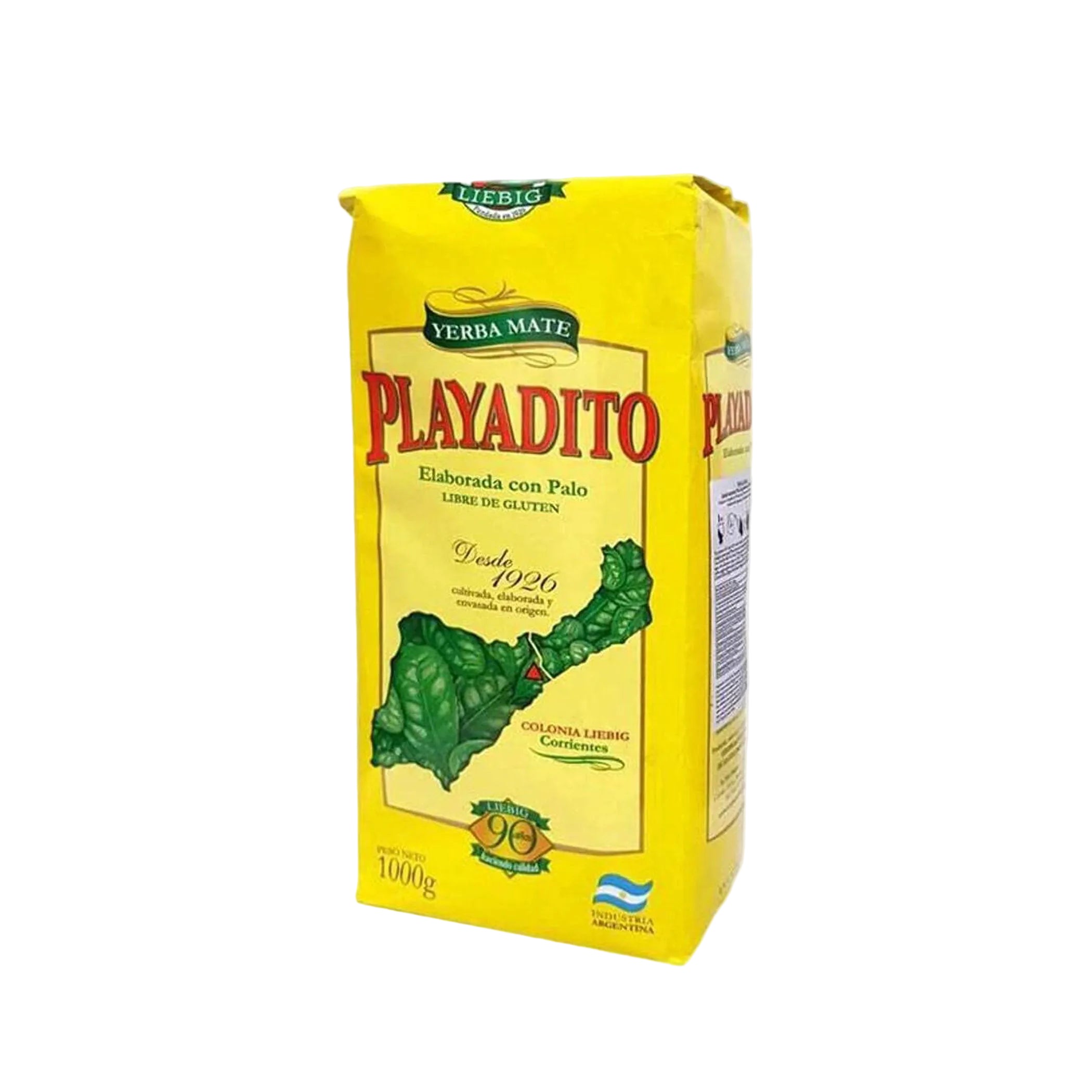 Front view of a 1kg yellow package of Playadito Yerba Mate, a premium Argentine smooth-cut blend.