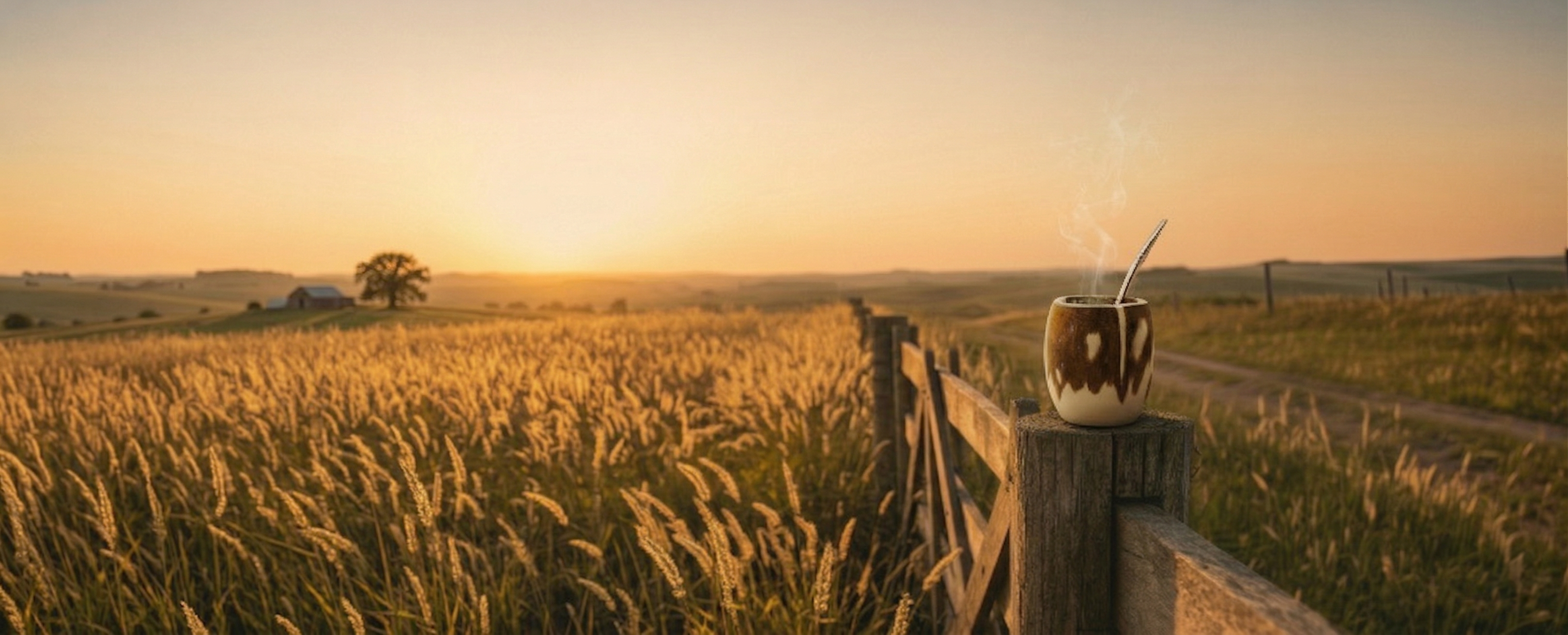 A peaceful golden hour over a grassy field, featuring a freshly brewed mate on a wooden post in the foreground.