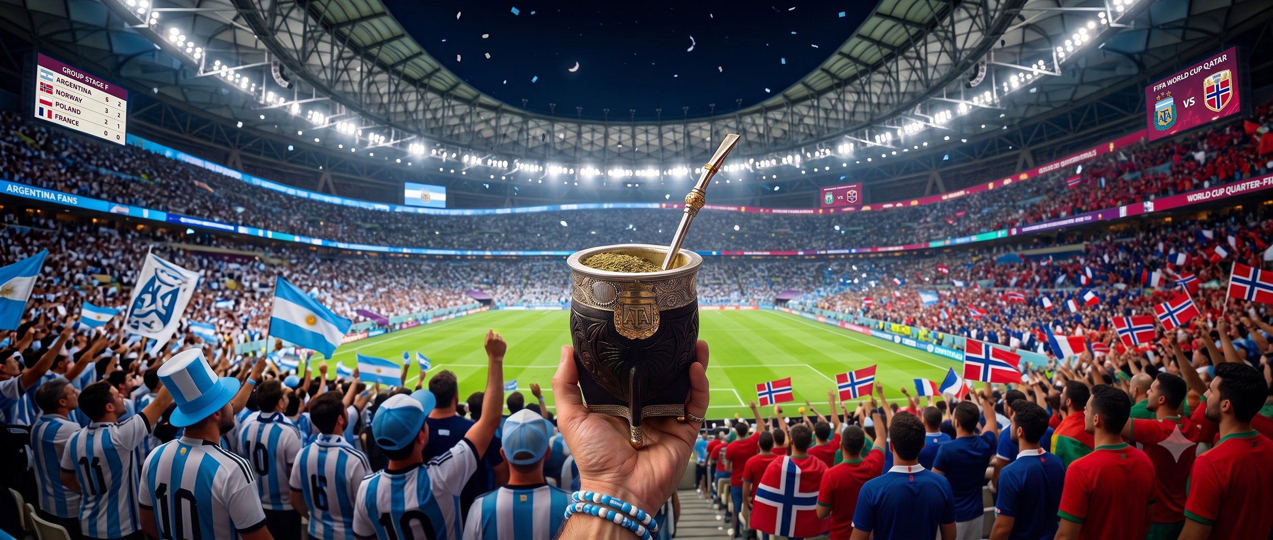 A hand holding a genuine black leather Luv Mate AFA Imperial Mate gourd with a bronze shield emblem inside a crowded soccer stadium. The vibrant match-day atmosphere features cheering fans with Argentina flags and giant stadium screens.
