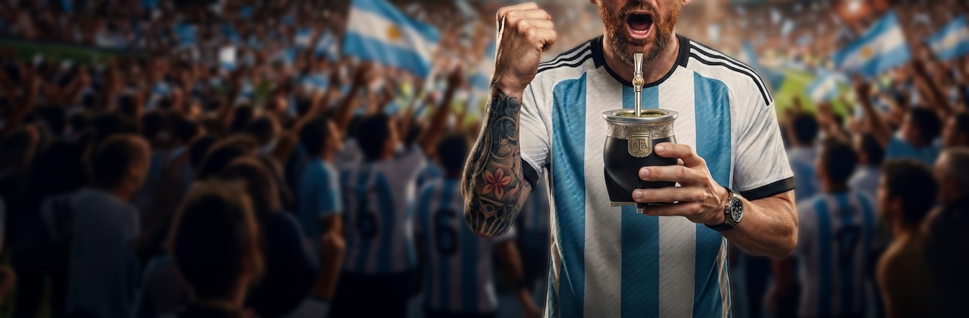 Soccer fan in Argentina jersey drinking from a traditional mate gourd, celebrating in a stadium crowd with flags