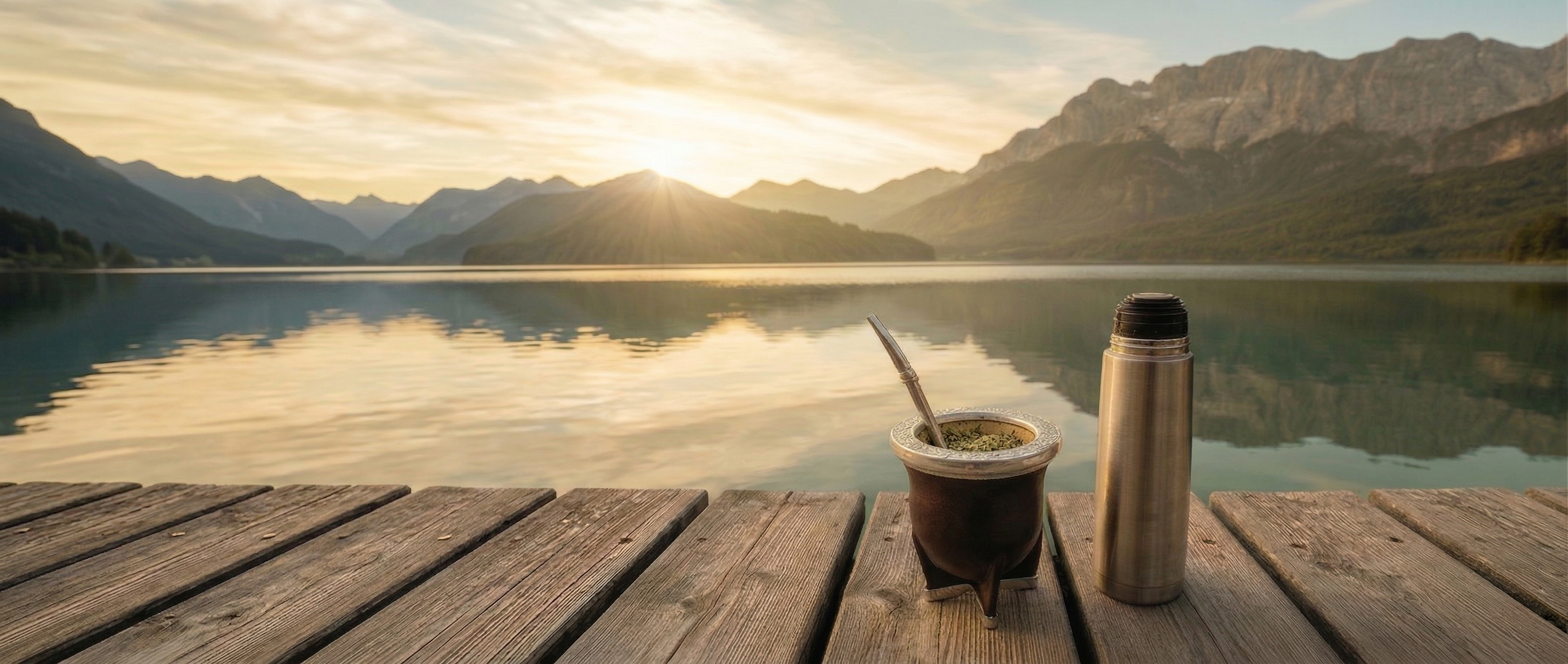 Traditional leather mate gourd with bombilla and stainless steel thermos on a wooden dock, overlooking a calm lake and mountains at sunset.