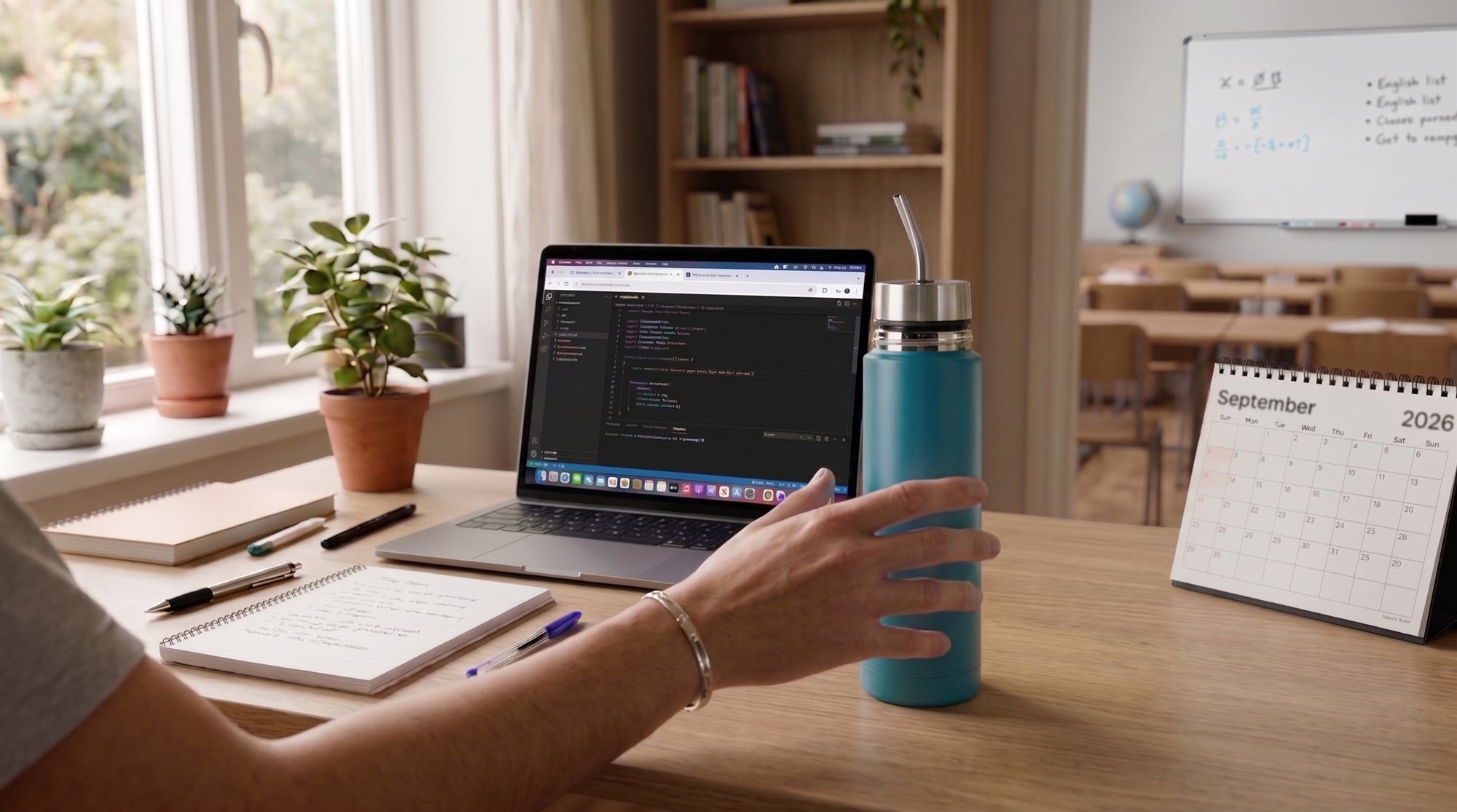 A student holding the LuvMate Solito on a study desk alongside a laptop with code, notebooks, and a September 2 calendar marking "Back to School". The self-pouring mate seamlessly converts into a thermos for non-stop study focus.