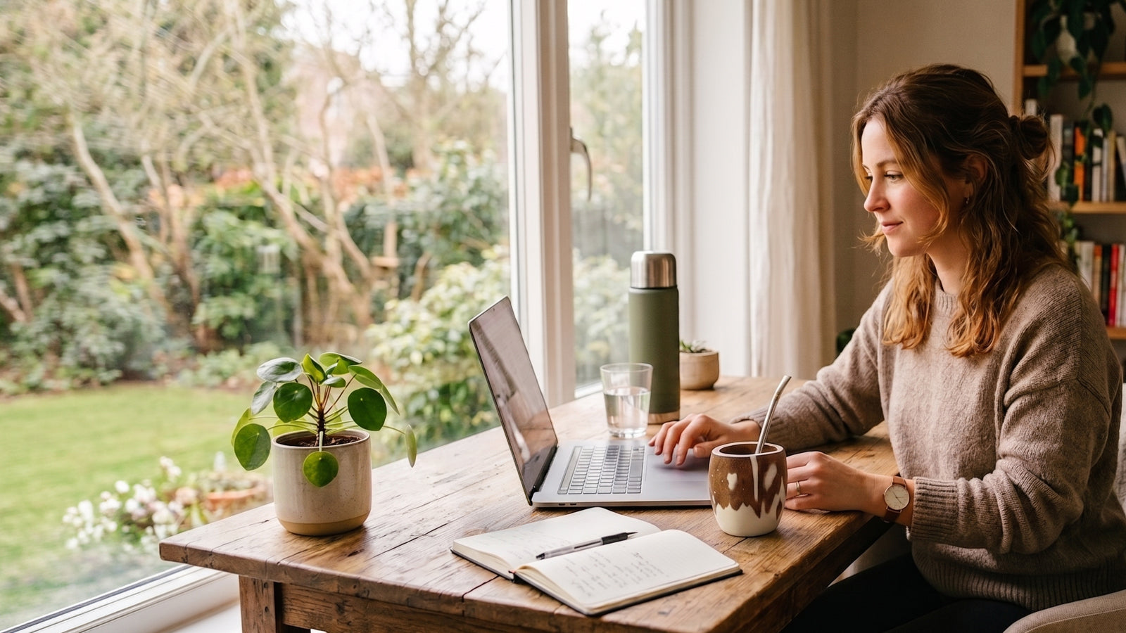 Woman working from home on a laptop, drinking yerba mate from a wooden gourd for natural energy and focus.