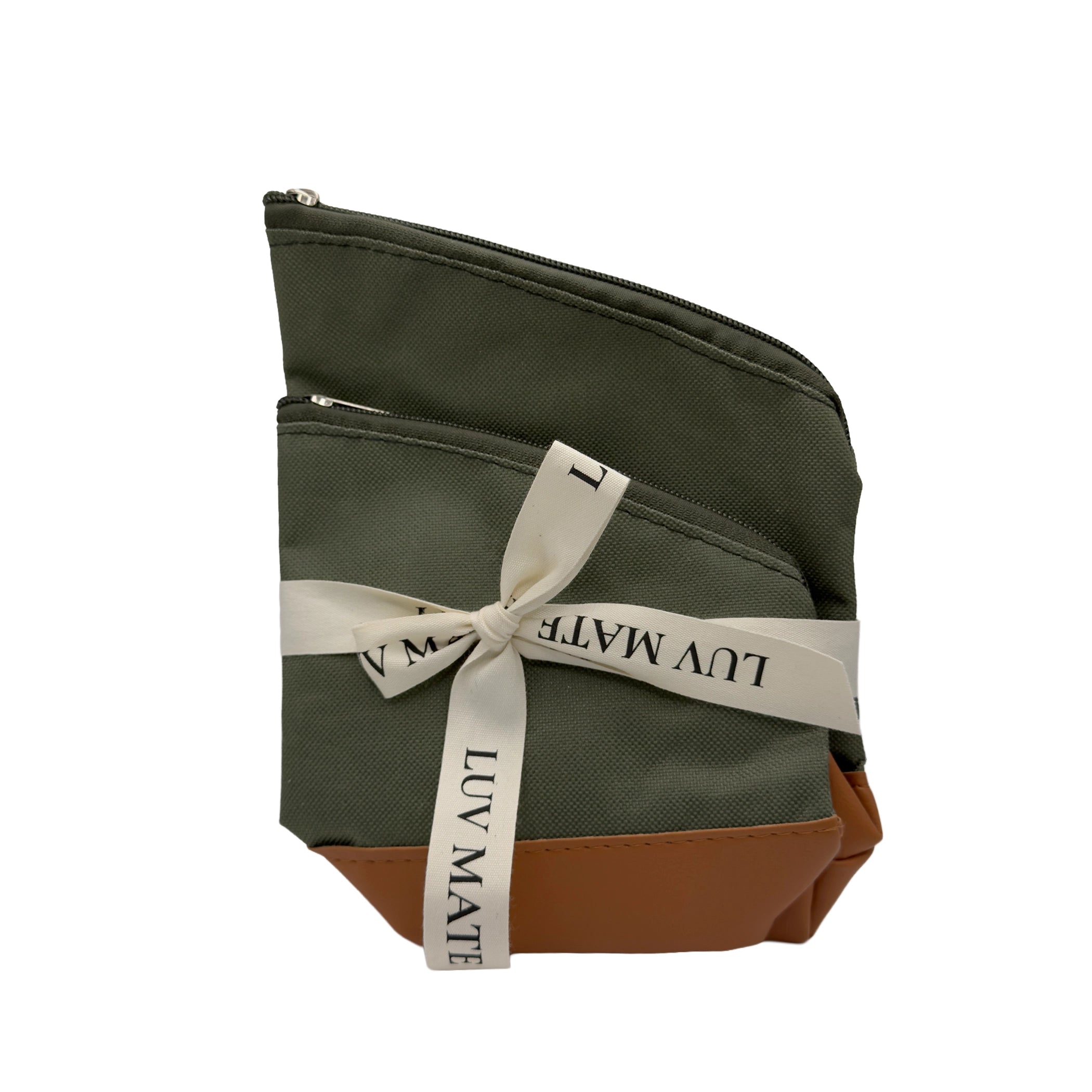 The Puelche yerba mate pouch set in sage green, neatly stacked and tied with a branded Luv Mate ribbon. Highlights the compact, packable design perfect for hiking or city travel.