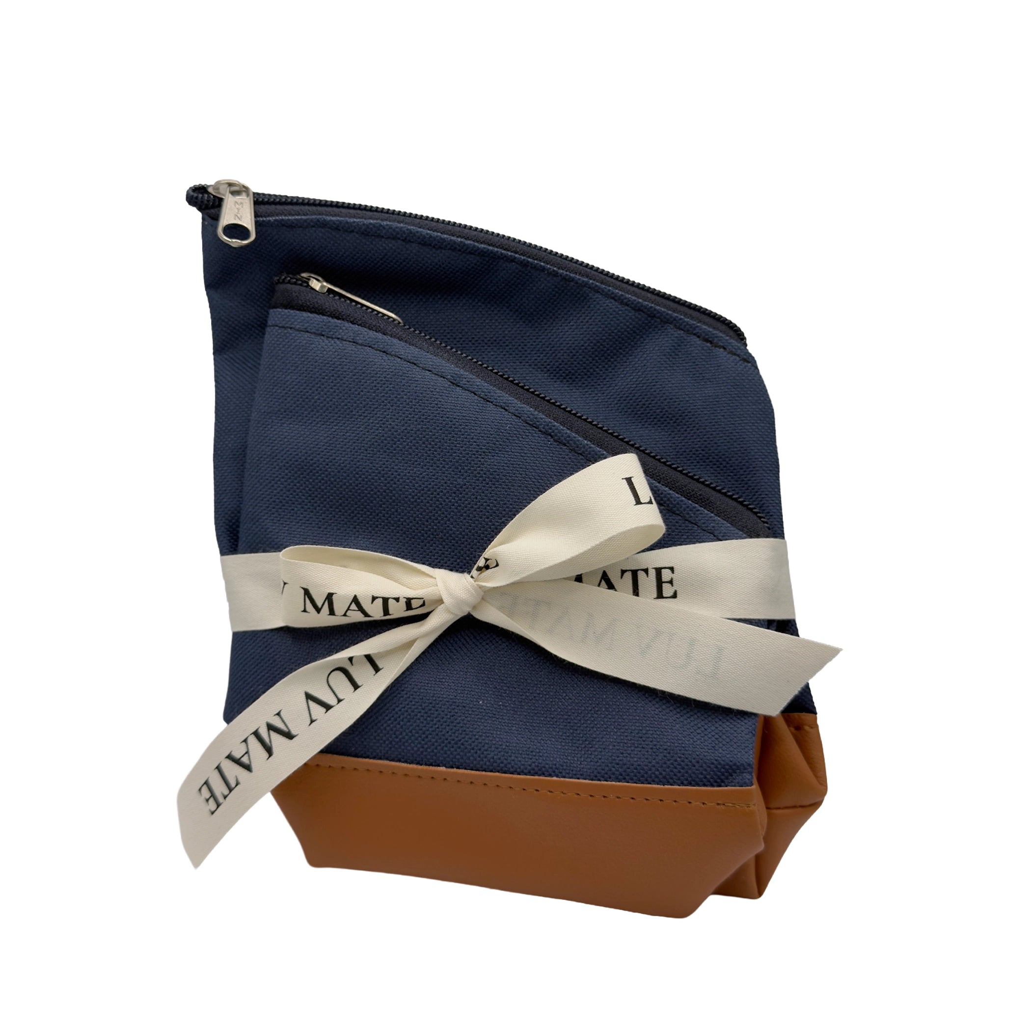 The mountain shadow Puelche travel pouch set, compactly stacked and wrapped with an elegant Luv Mate ribbon. A premium, space-saving gear solution for any yerba mate drinker.