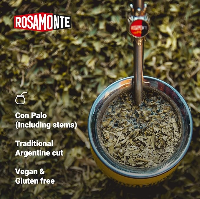 Close-up of a traditional mate gourd filled with Rosamonte yerba mate and a bombilla, highlighting product features: includes stems, traditional Argentine cut, vegan, and gluten-free.