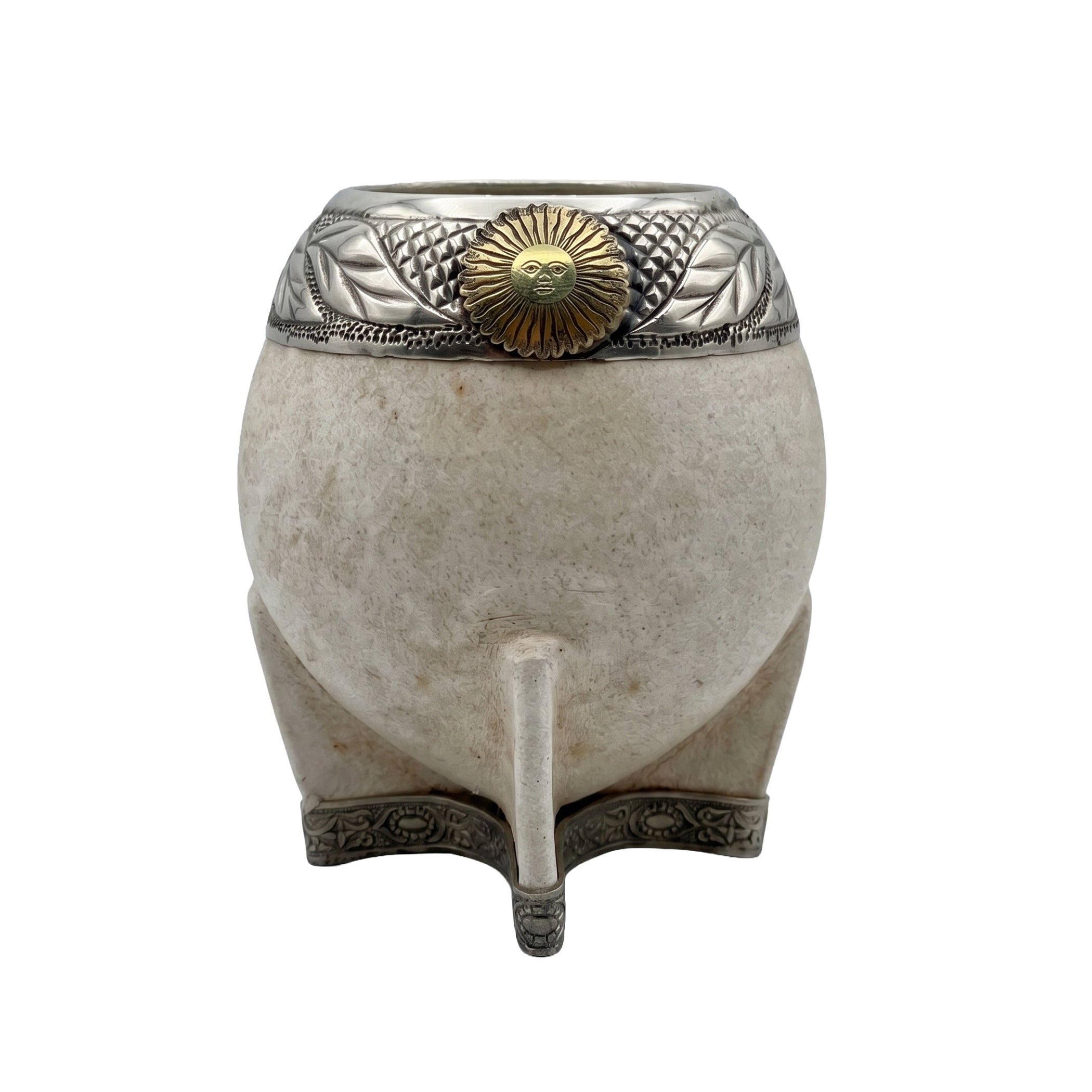 Handcrafted Sol de Mayo Torpedo Mate cup made of premium natural vegetable-tanned leather, featuring a hand-chiseled alpaca silver rim and a bronze Sun of May emblem.