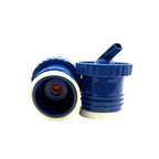 A close-up photograph displaying the two-pack of deep blue Sur 360° stoppers on a white background. One stopper is positioned to show its internal screw-on thread and central red valve, while the other stands upright, revealing its distinctive precision pouring spout