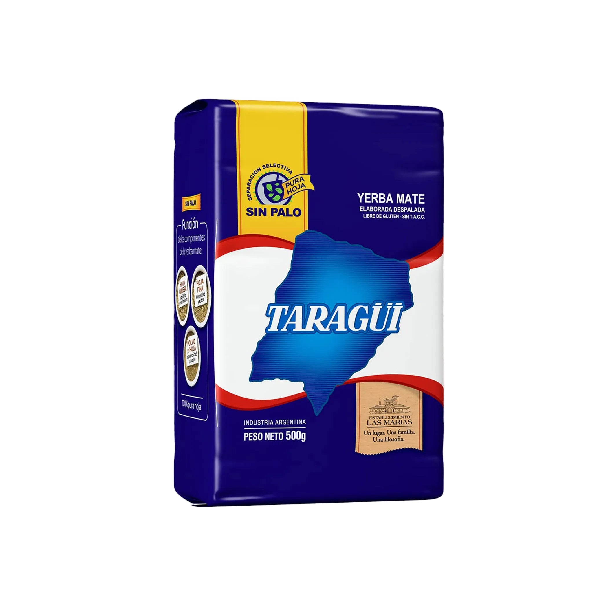 Taragüi Yerba Mate 500g Pure Leaf (sin palo) in blue packaging