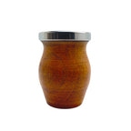 Front view of a turned algarrobo wood yerba mate cup, showing natural wood grain and polished stainless steel top ring.