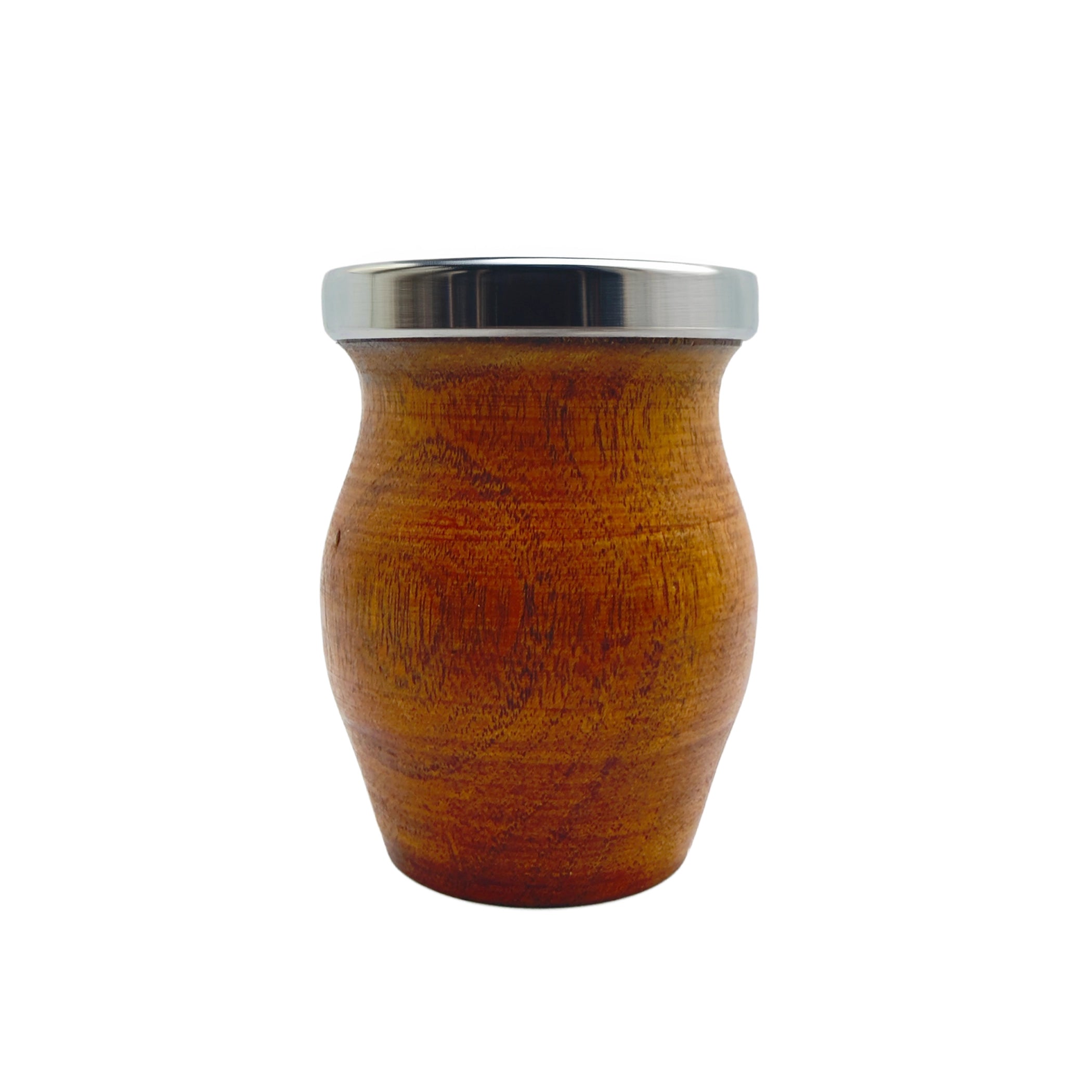 Front view of a turned algarrobo wood yerba mate cup, showing natural wood grain and polished stainless steel top ring.