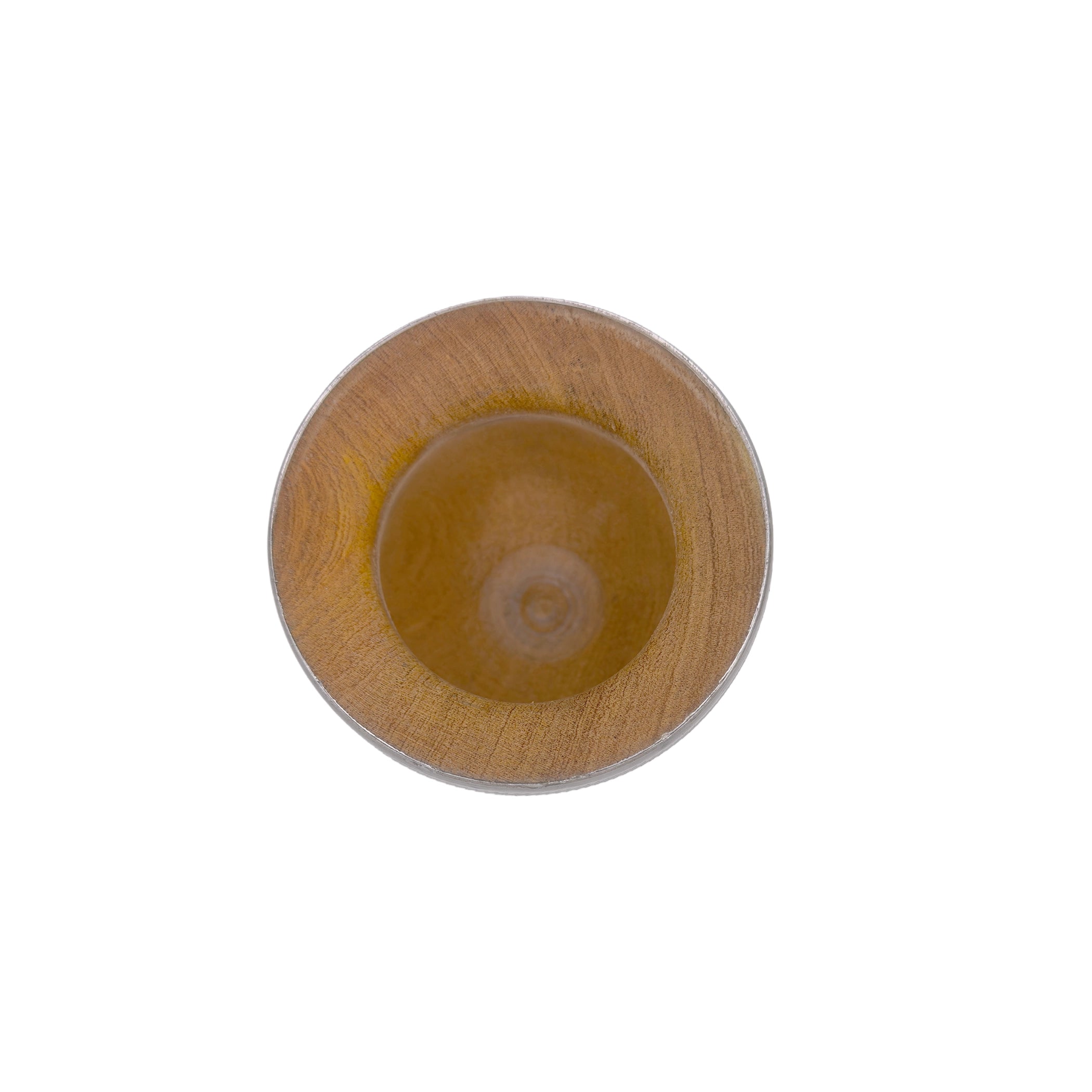 A top-down overhead shot of the Vidala mate gourd, highlighting the deep, natural grain of the solid Algarrobo wood chamber surrounded by a sleek, textured aluminum rim.