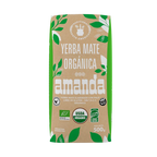 Front view of Amanda Organic Yerba Mate 500g package, featuring USDA Organic and gluten-free certification seals.