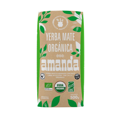 Front view of Amanda Organic Yerba Mate 500g package, featuring USDA Organic and gluten-free certification seals.