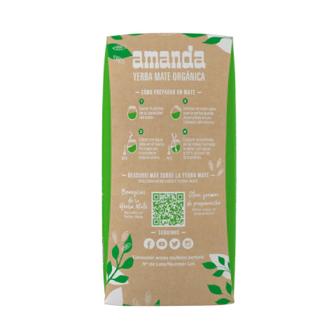 Side view of Amanda Organic Yerba Mate 500g package, displaying step-by-step illustrated instructions on how to brew mate and a QR code.